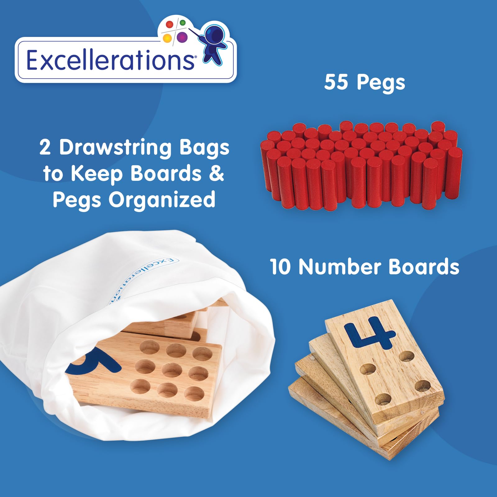 Excellerations Peg Number Board, Included: 10 Rubberwood Boards + 55 Wood Pegs + Storage Bag, Montessori Math Materials, Learning Manipulatives, Counting for Kids, Reggio Emilia Classroom Essentials - Image 4