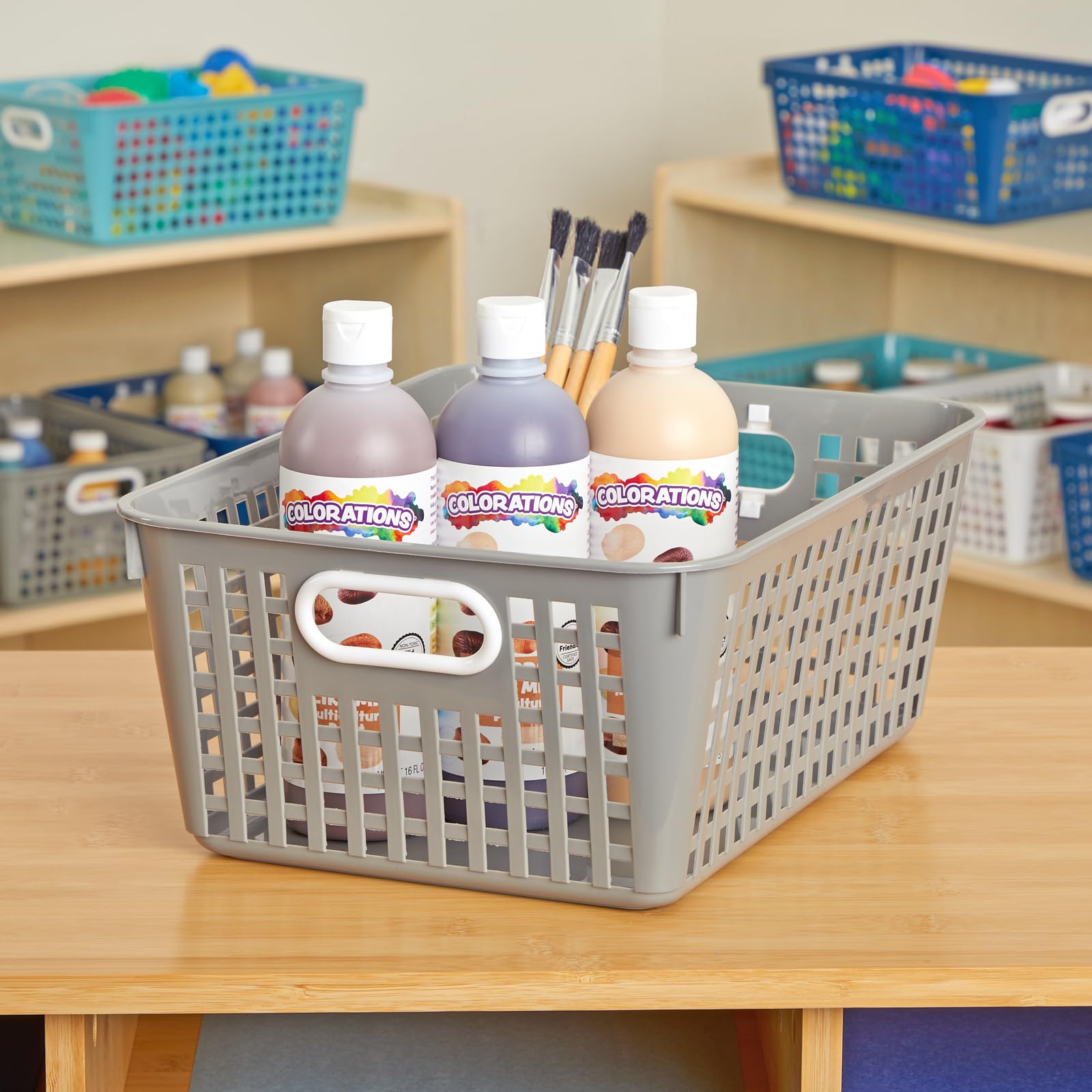 Really Good Stuff - 160016PE Multi-Purpose Plastic Storage Baskets for Classroom or Home Use - Stackable Mesh Plastic Baskets with Grip Handles 13" x 10" (Pebble - Set of 12) - Image 3