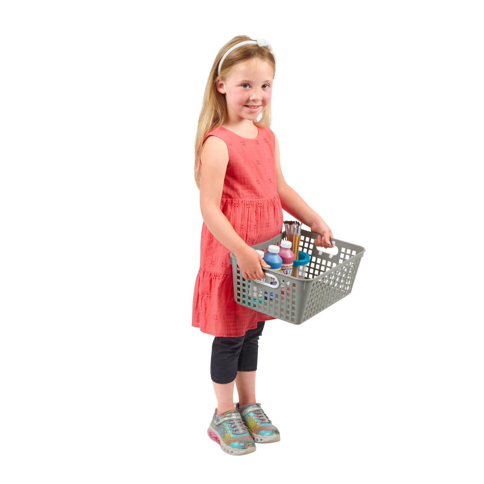 Really Good Stuff - 160016PE Multi-Purpose Plastic Storage Baskets for Classroom or Home Use - Stackable Mesh Plastic Baskets with Grip Handles 13" x 10" (Pebble - Set of 12) - Image 5