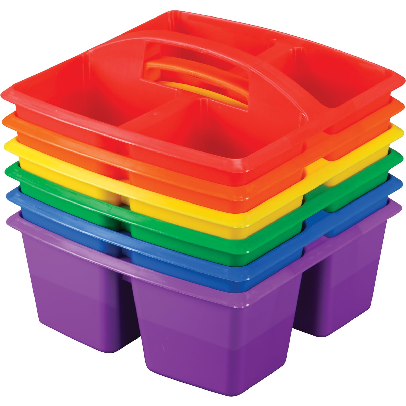 Really Good Stuff - 163999 Four-Equal-Compartment Caddies, Set of 6, Assorted Colors – Plastic Caddy Organizers with Built-in Handles and Stackable Design, Classroom Storage Made Easy