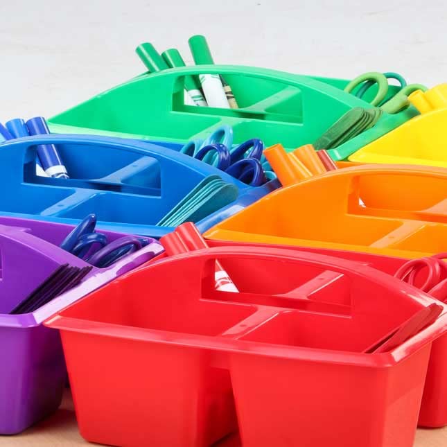 Really Good Stuff - 163999 Four-Equal-Compartment Caddies, Set of 6, Assorted Colors – Plastic Caddy Organizers with Built-in Handles and Stackable Design, Classroom Storage Made Easy - Image 5