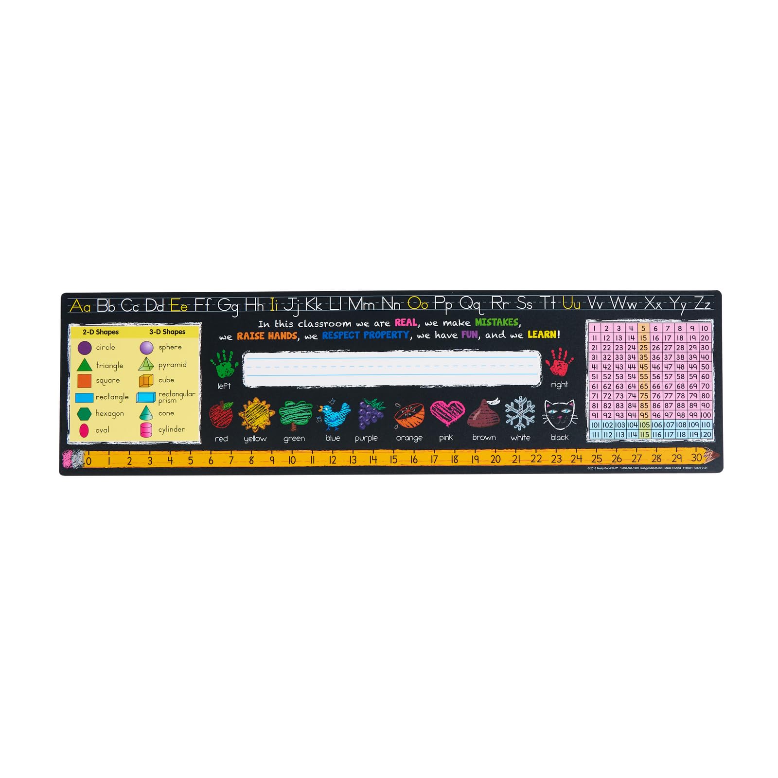 Really Good Stuff 24PK Chalkboard-Style Grades K-2 Self-Adhesive Deluxe Plastic Desktop Reference Nameplate with a Number Line, Alphabet Letters, 2-D and 3-D Shapes, Colors, Left and Right, 120 Grid