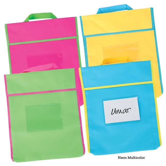 Really Good Stuff 4 Pack Book Pouch - Water Resistant, Durable Fabric Book Bag with Stitched-On Handle, Clear Name Tag Pocket, Large Green with Pink Trim - Image 6
