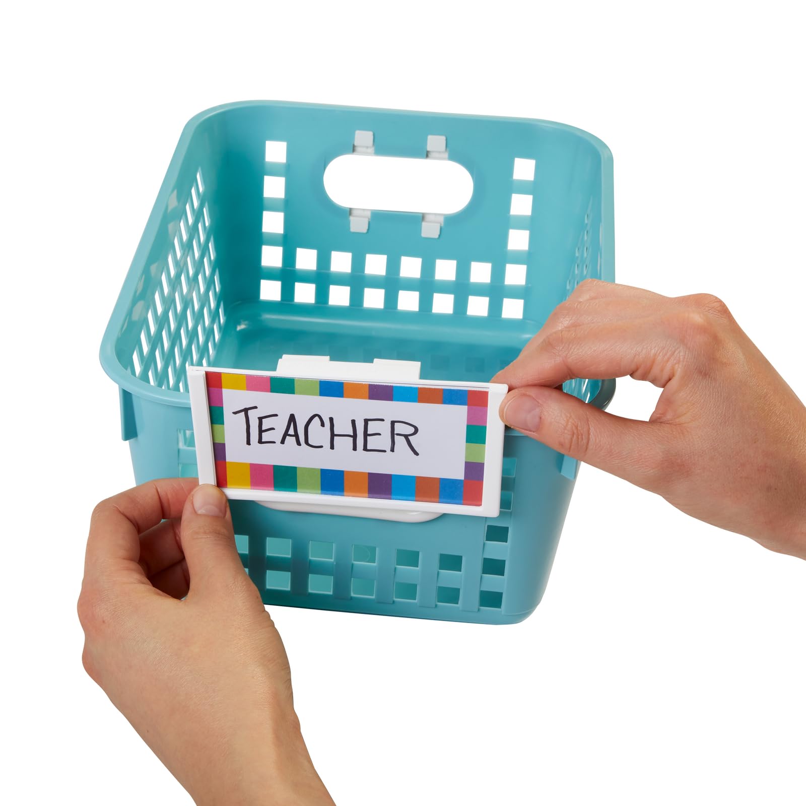 Really Good Stuff Basket and Bin Label Holders with Labels - 12 Pack - Storage for Classroom Organization - Plastic Label Clip & Holder for Baskets - Clear and Durable - Image 4