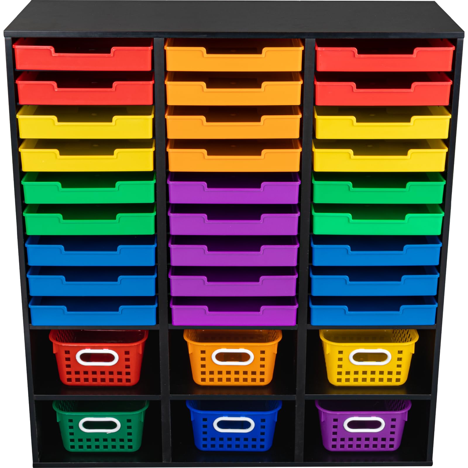 Really Good Stuff Black 27-Slot Mail and Supplies Center with 27 Trays, 6 Cubbies, and Baskets Grouping - 1 Mail Center, 27 Trays, 6 Baskets