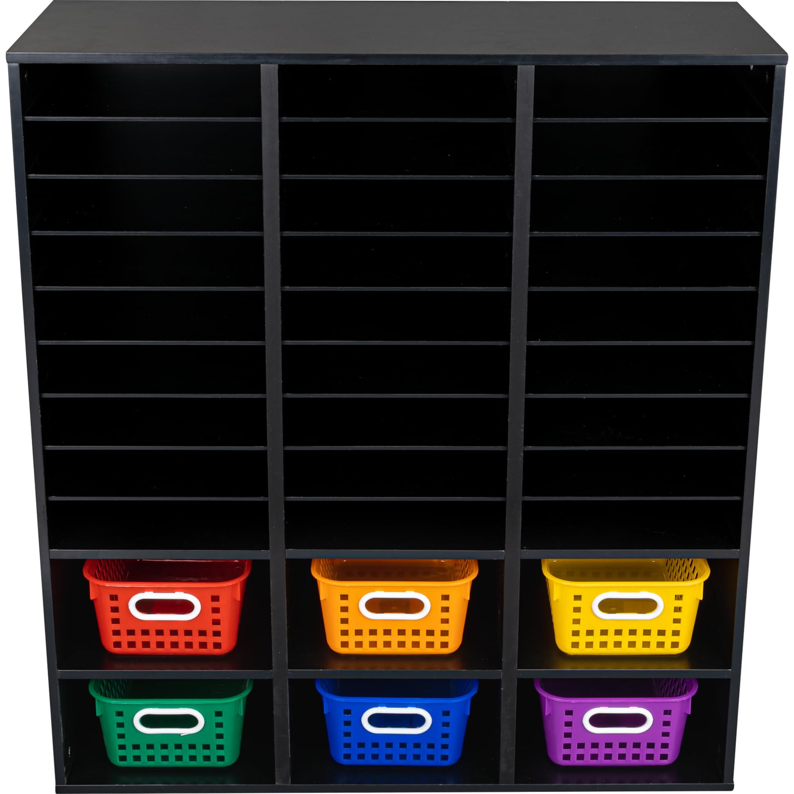 Really Good Stuff Black 27-Slot Mail and Supplies Center with 27 Trays, 6 Cubbies, and Baskets Grouping - 1 Mail Center, 27 Trays, 6 Baskets - Image 3