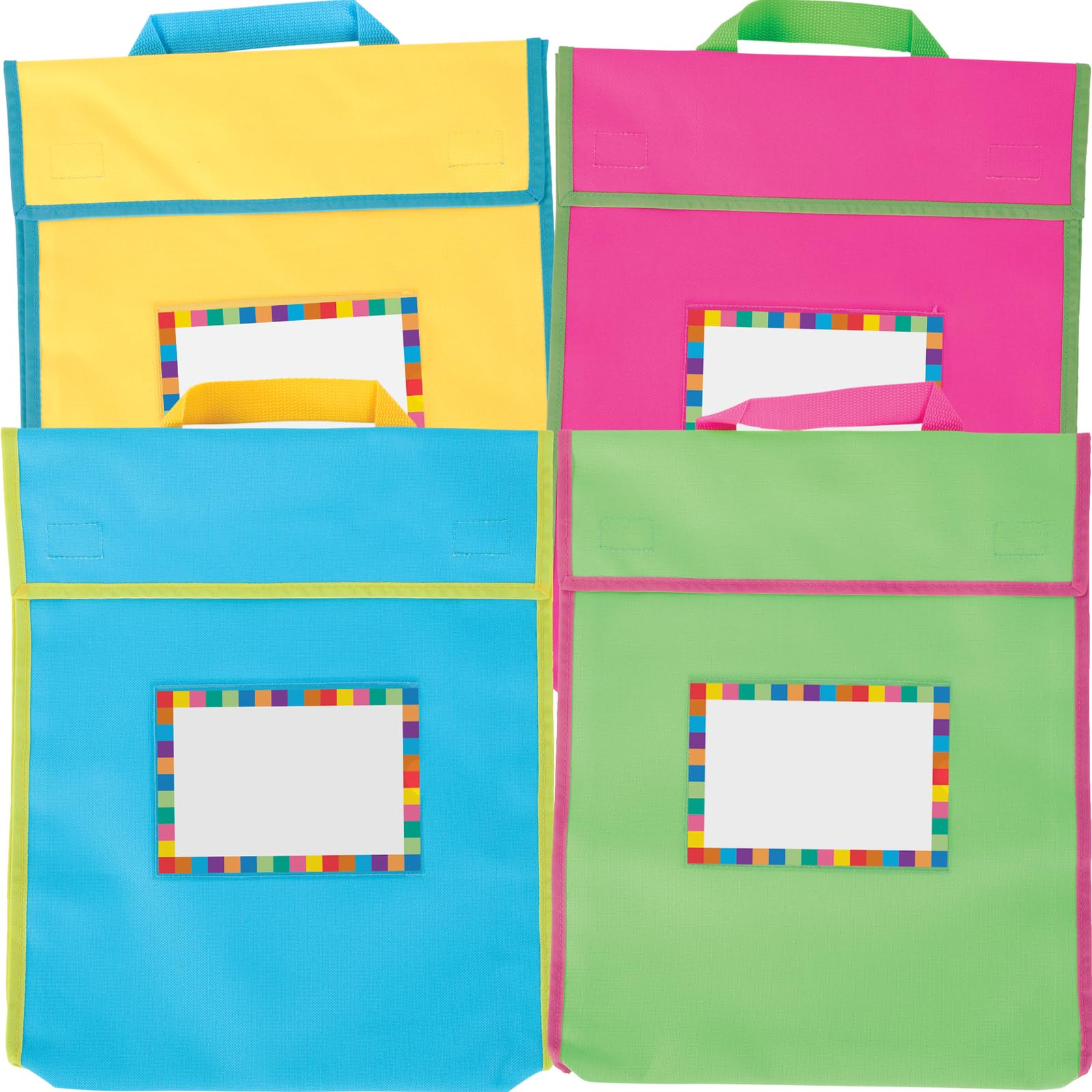 Really Good Stuff Book Pouch - 12 Pack - Water Resistant- Send Home Books and Homework in Durable Fabric Book Bag - Stitched-On Handle, Clear Name Tag Pocket, Large Neon Colors