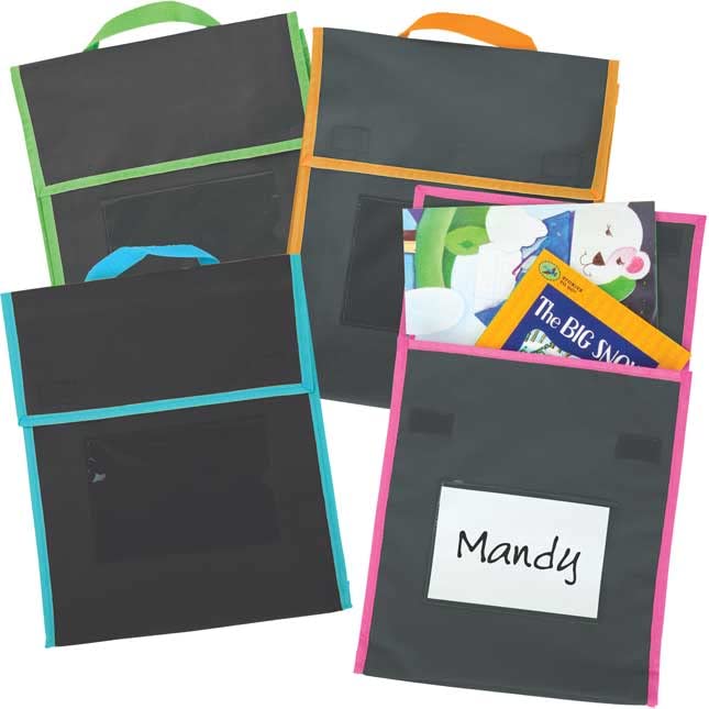 Really Good Stuff Book Pouch - 36 Pack - Water Resistant- Send Home Books and Homework in Durable Fabric Book Bag - Stitched-On Handle, Clear Name Tag Pocket, Medium Black with Blue Trim - Image 6
