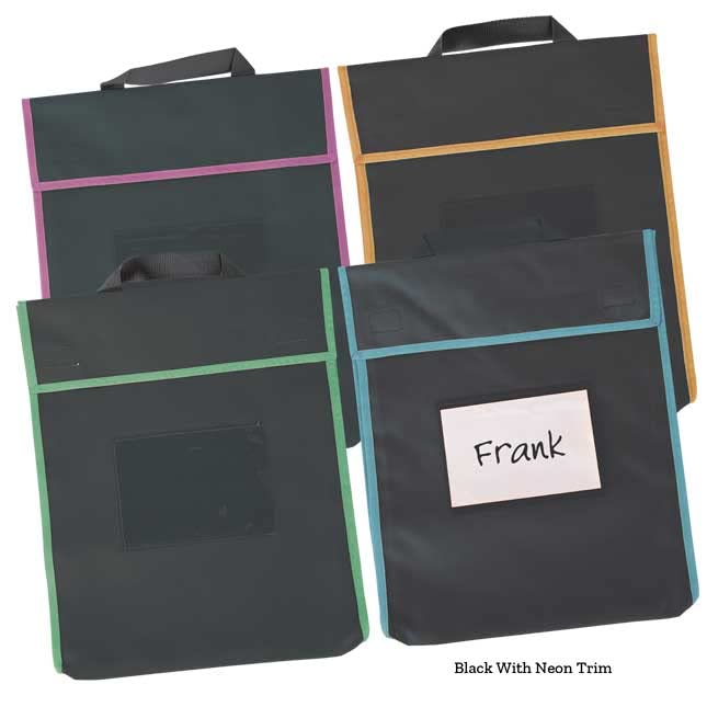 Really Good Stuff Book Pouch – 4 Pack- Water Resistant -Send Home Books and Homework in Durable Fabric Book Bag – Stitched-On Handle, Clear Name Tag Pocket, Large Black with Pink Trim - Image 6