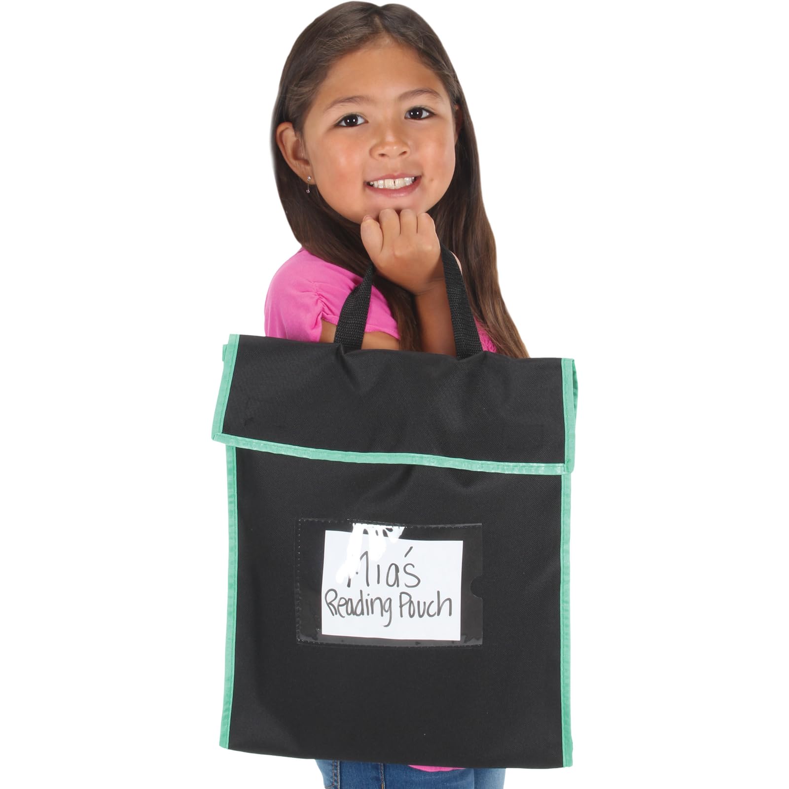 Really Good Stuff Book Pouch - 4 Pack- Water Resistant -Send Home Books and Homework in Durable Fabric Book Bag - Stitched-On Handle, Clear Name Tag Pocket, Large Black with Blue Trim - Image 2
