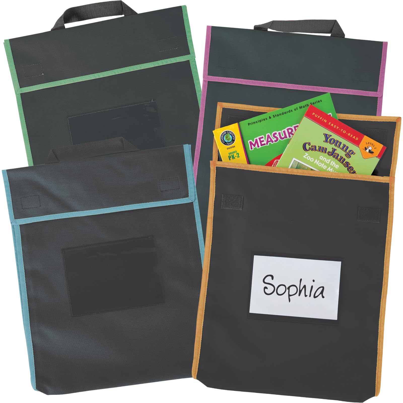 Really Good Stuff Store More Large Book Pouches, 36 Pack, Black with Neon Trim, Stitched-On Handle, Clear Name Tag Pocket, Durable Fabric, Water Resistant, Send Home Books and Homework