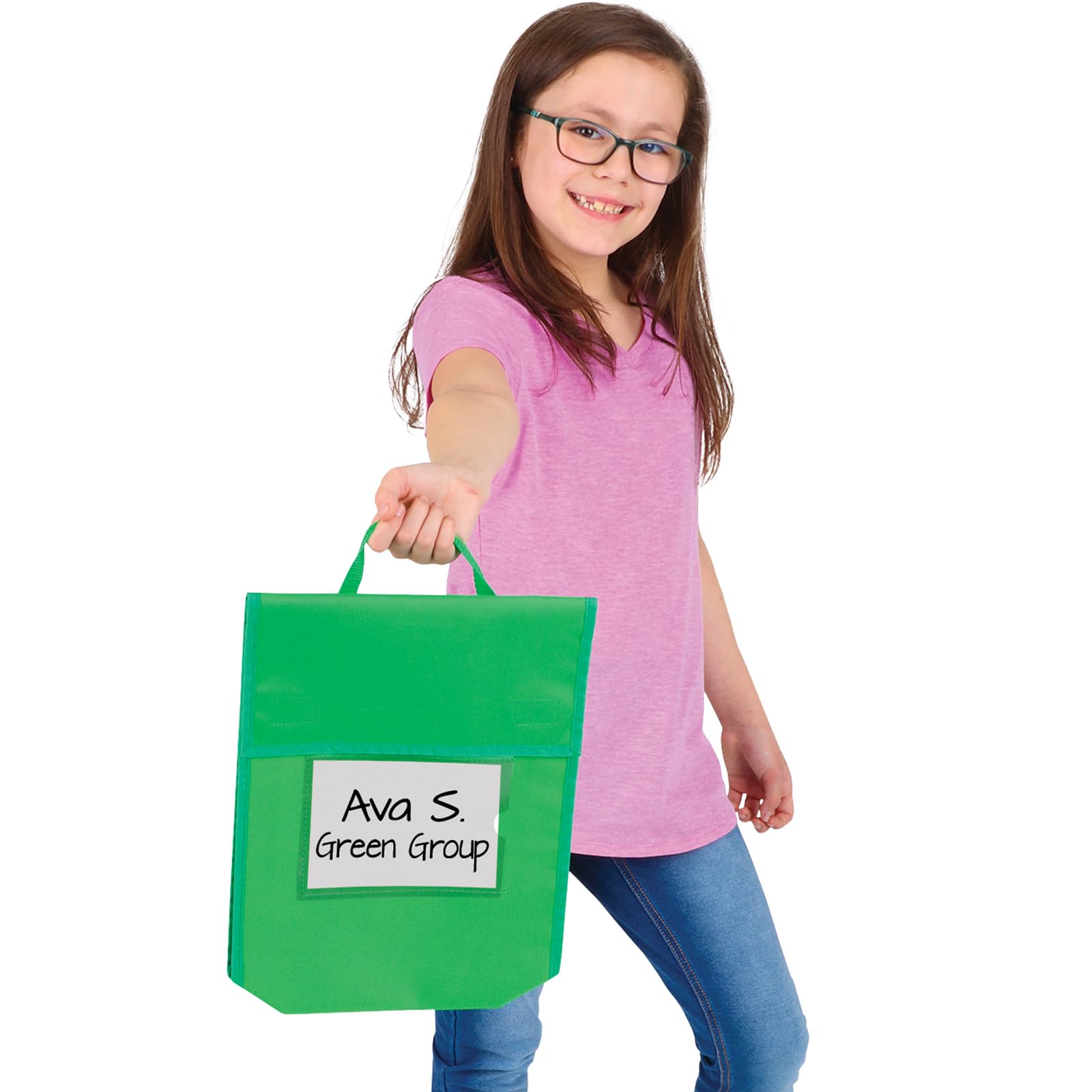 Really Good Stuff Book Pouch - 6 Pack - Water Resistant- Send Home Books and Homework in Durable Fabric Book Bag - Stitched-On Handle, Clear Name Tag Pocket, Medium Grouping Colors - Image 4