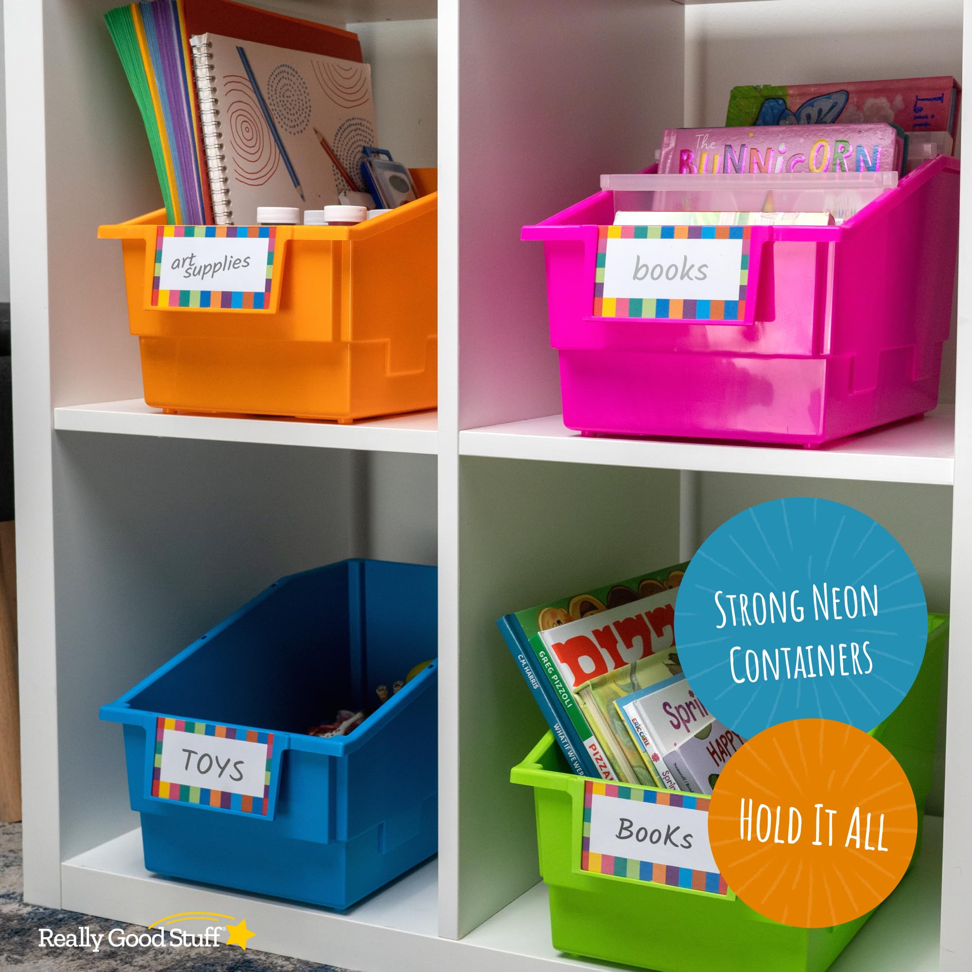 Really Good Stuff Chapter Book Library Bins with Dividers, 8¾" x 13½" x 7¾" - 4 Pack, Neon | Plastic Shelf Bin Organizer for Classroom Library, Book Organization, Documents, Files, Magazines - Image 3