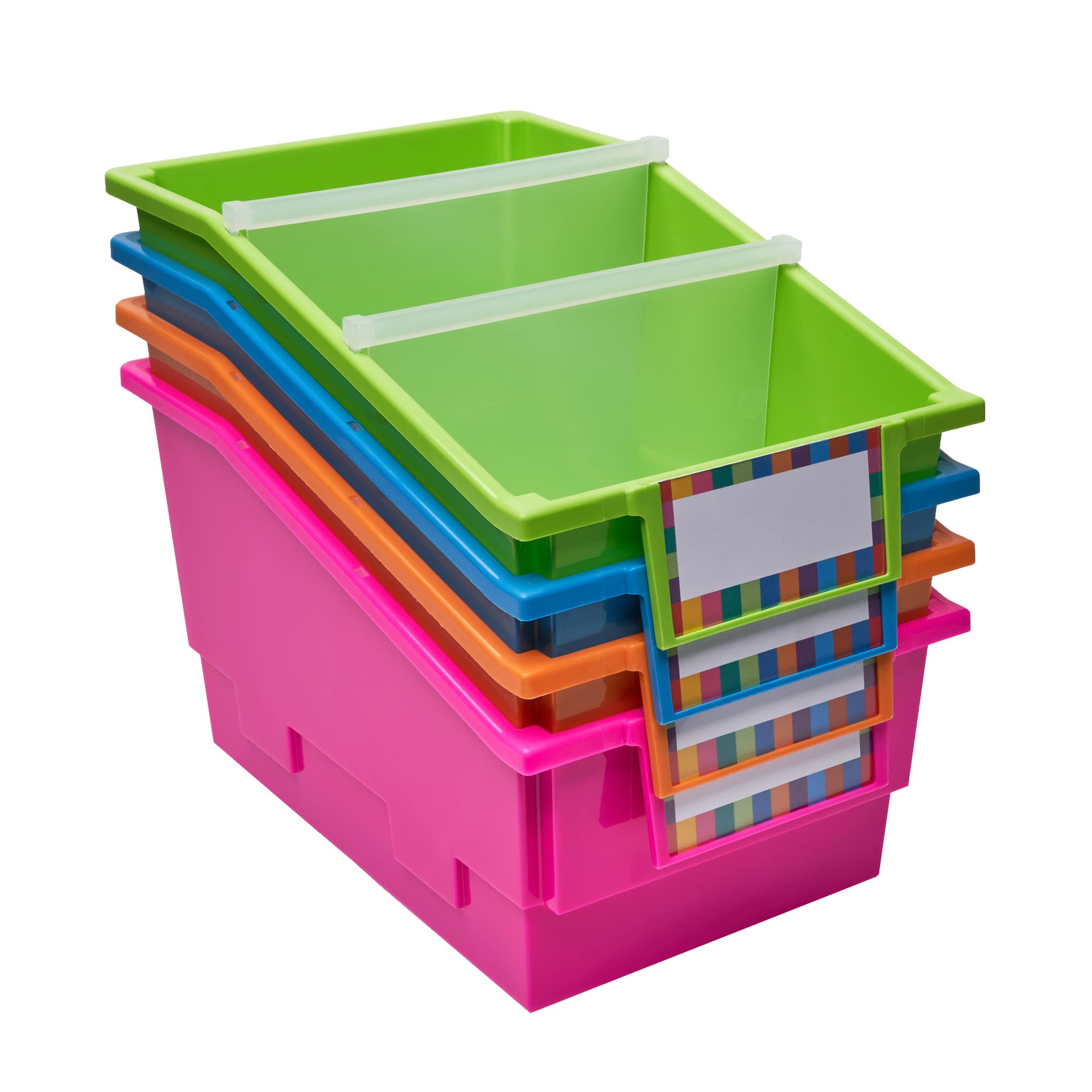 Really Good Stuff Chapter Book Library Bins with Dividers, 8¾" x 13½" x 7¾" - 4 Pack, Neon | Plastic Shelf Bin Organizer for Classroom Library, Book Organization, Documents, Files, Magazines - Image 4