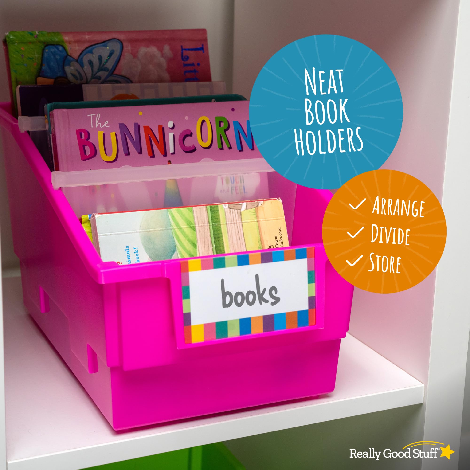 Really Good Stuff Chapter Book Library Bins with Dividers, 8¾" x 13½" x 7¾" - 4 Pack, Neon | Plastic Shelf Bin Organizer for Classroom Library, Book Organization, Documents, Files, Magazines - Image 6