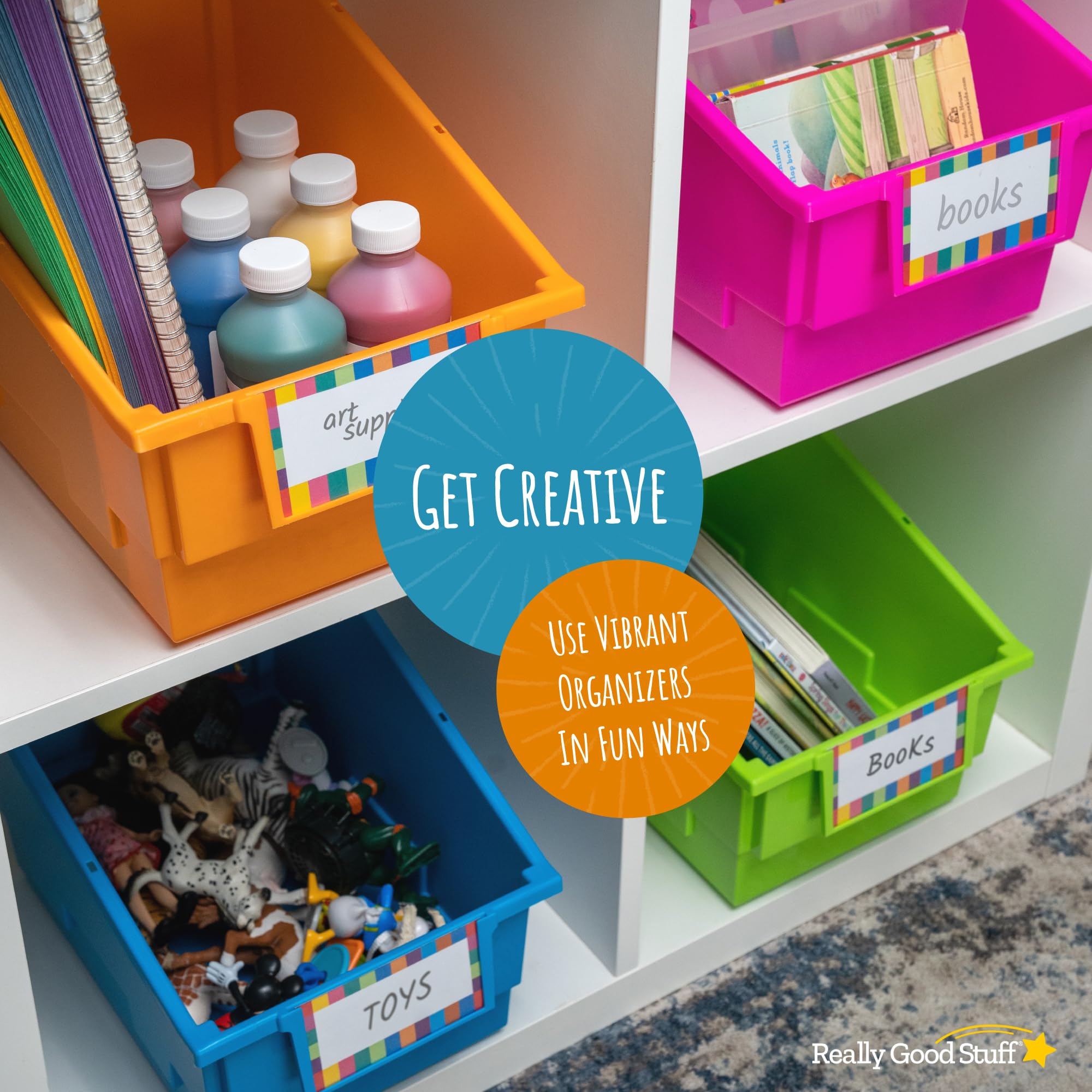 Really Good Stuff Chapter Book Library Bins with Dividers, 8¾" x 13½" x 7¾" - 4 Pack, Neon | Plastic Shelf Bin Organizer for Classroom Library, Book Organization, Documents, Files, Magazines - Image 7