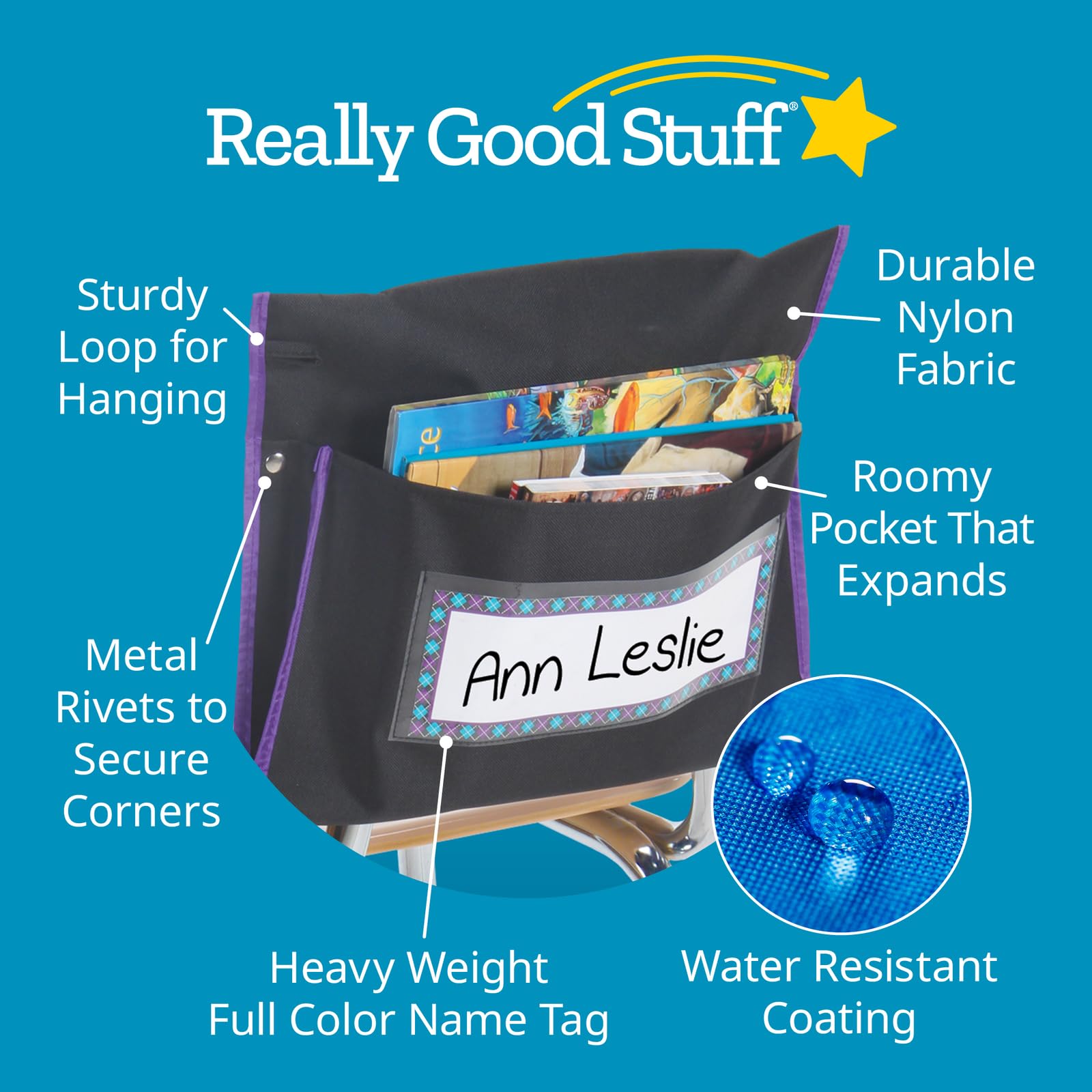Really Good Stuff Classic Student Book Collection Chair Pockets – 6 Pack – Black/Purple - Image 4