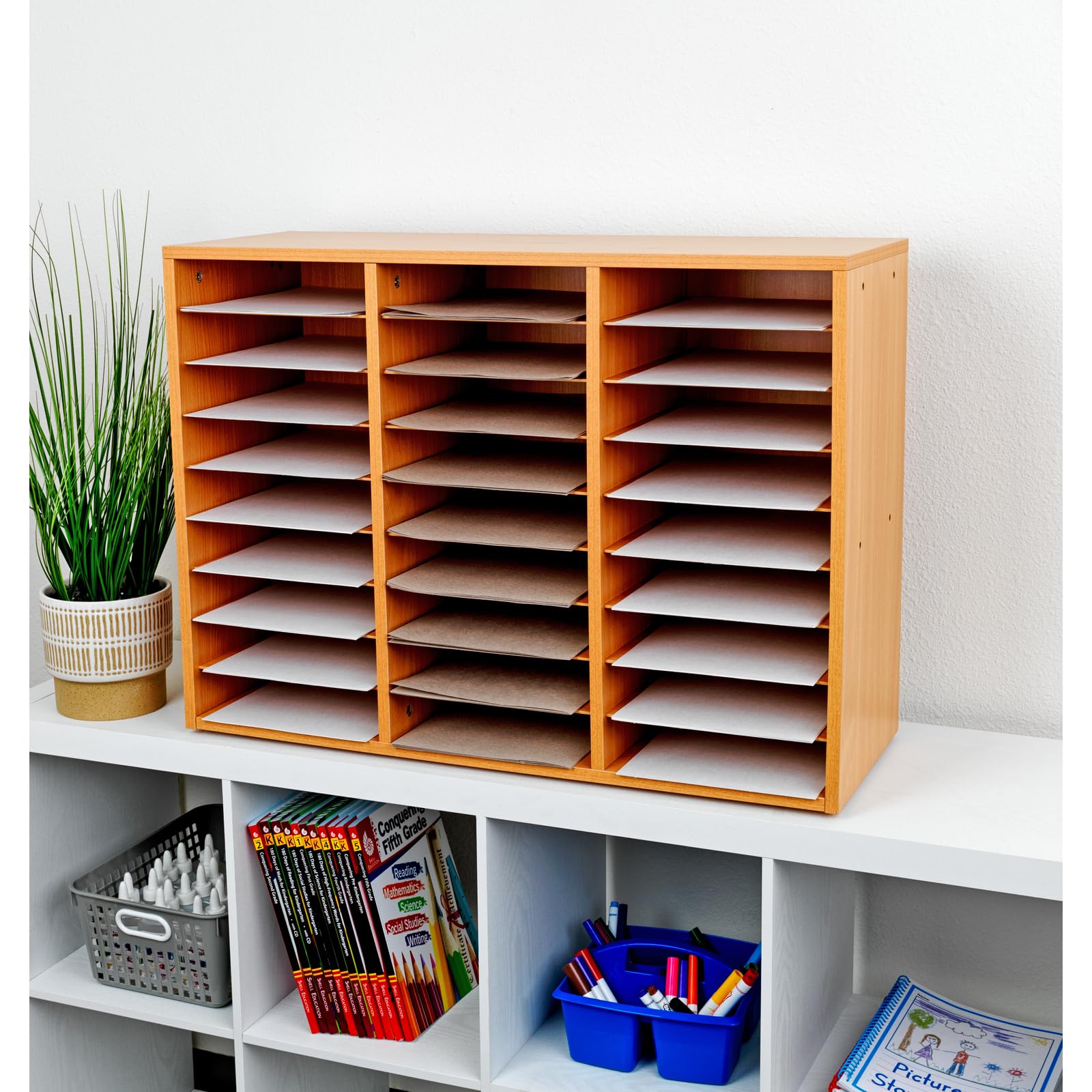 Really Good Stuff Classroom Oak Mail Center - 27 Slots - 32" W x 12" D x 23½" H | Office Mailboxes, Mail Sorter, Organizer, Mailbox for Students, Teachers - Image 5