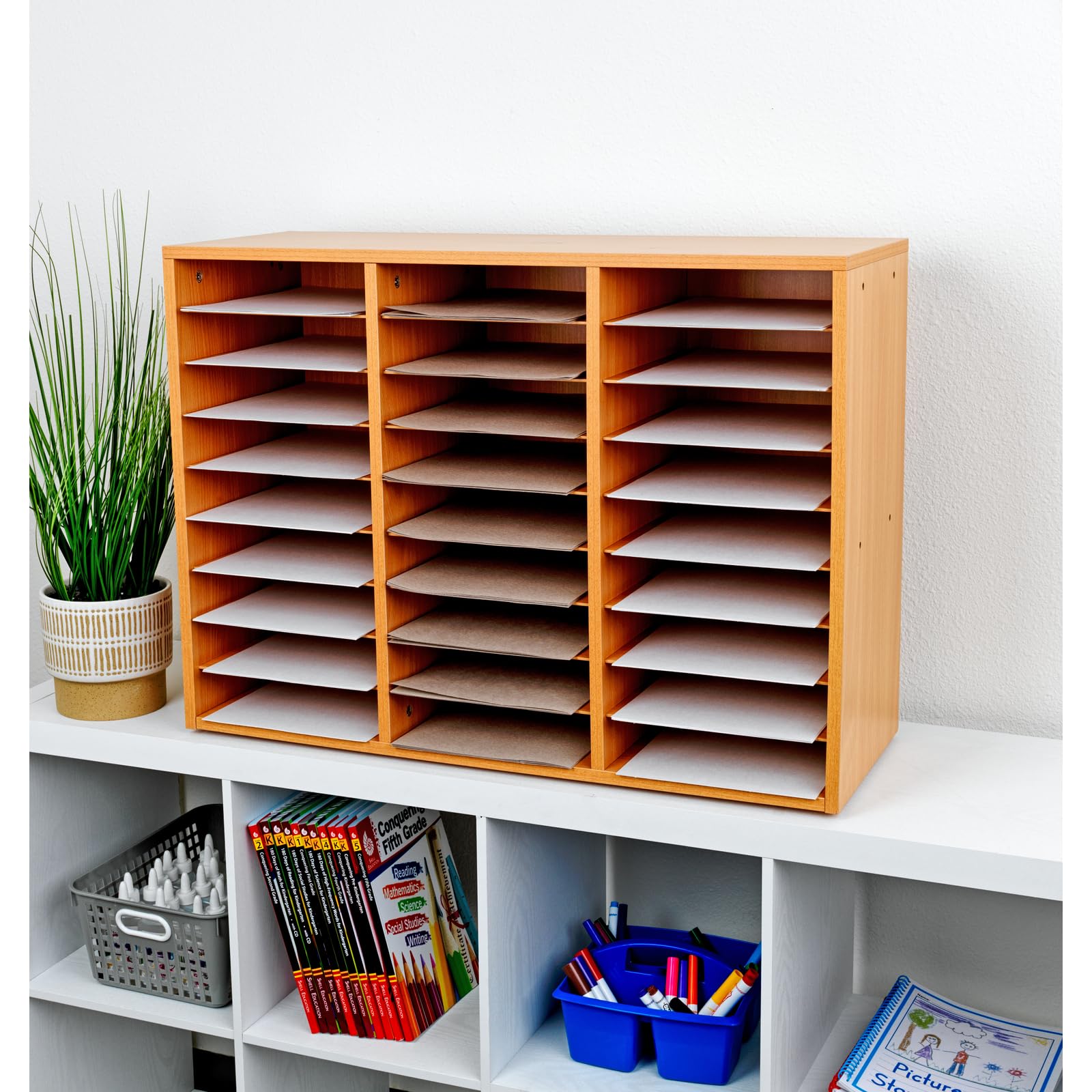 Really Good Stuff Classroom Oak Mail Center with Wire Rack- 27 Slots - Office Mailboxes, Mail Sorter, Classroom Organization, Mailbox Organizer for Students and Teachers - Image 5