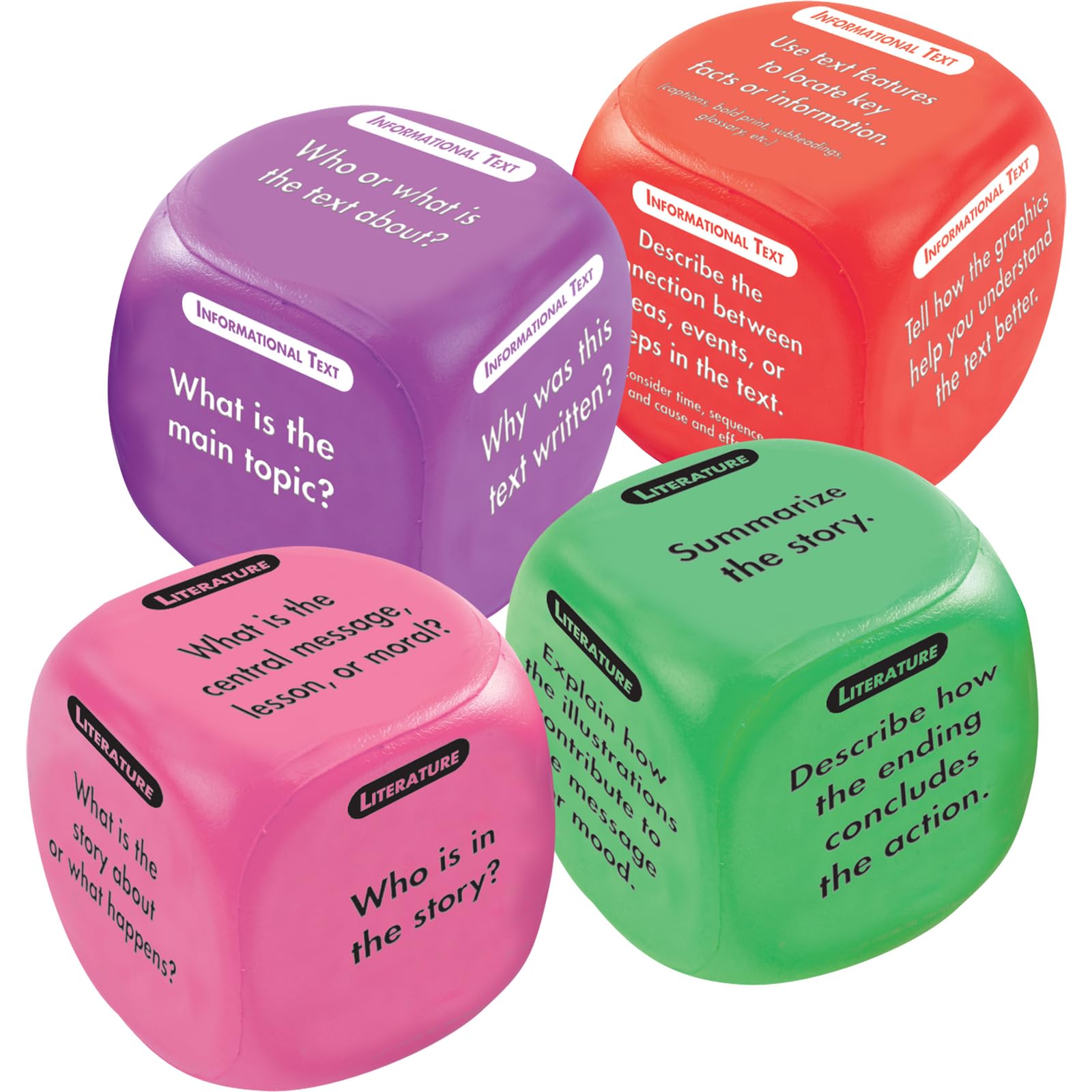 Really Good Stuff Comprehension Cubes - 4 Cubes Containing Comprehension Questions for 12 Non-Fiction and 12 Fiction