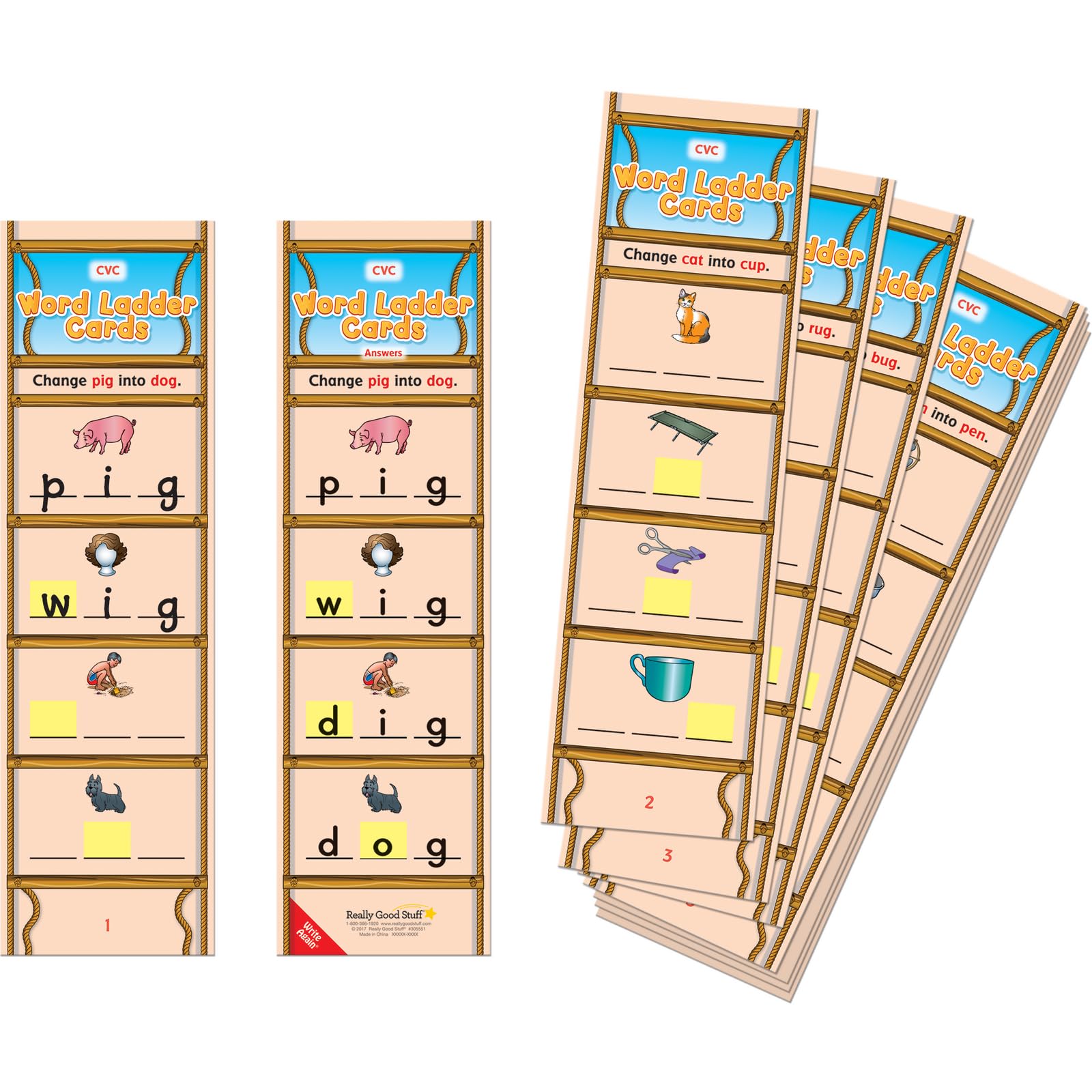 Really Good Stuff CVC Word Ladder Cards - Set of 28, Storage Bag Included - Educational Learning Tool