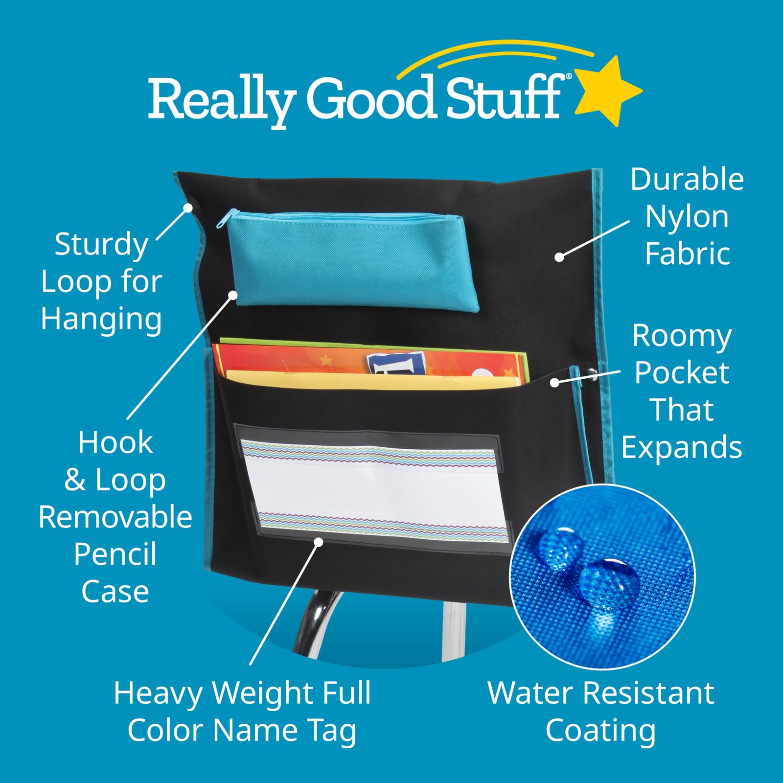 Really Good Stuff Deluxe Chair Pockets with Pencil Case, 6 Pack, Black, Chairback Buddy, Classroom Chair and Seat Storage Organizer, for Students and Classroom Organization - Image 5