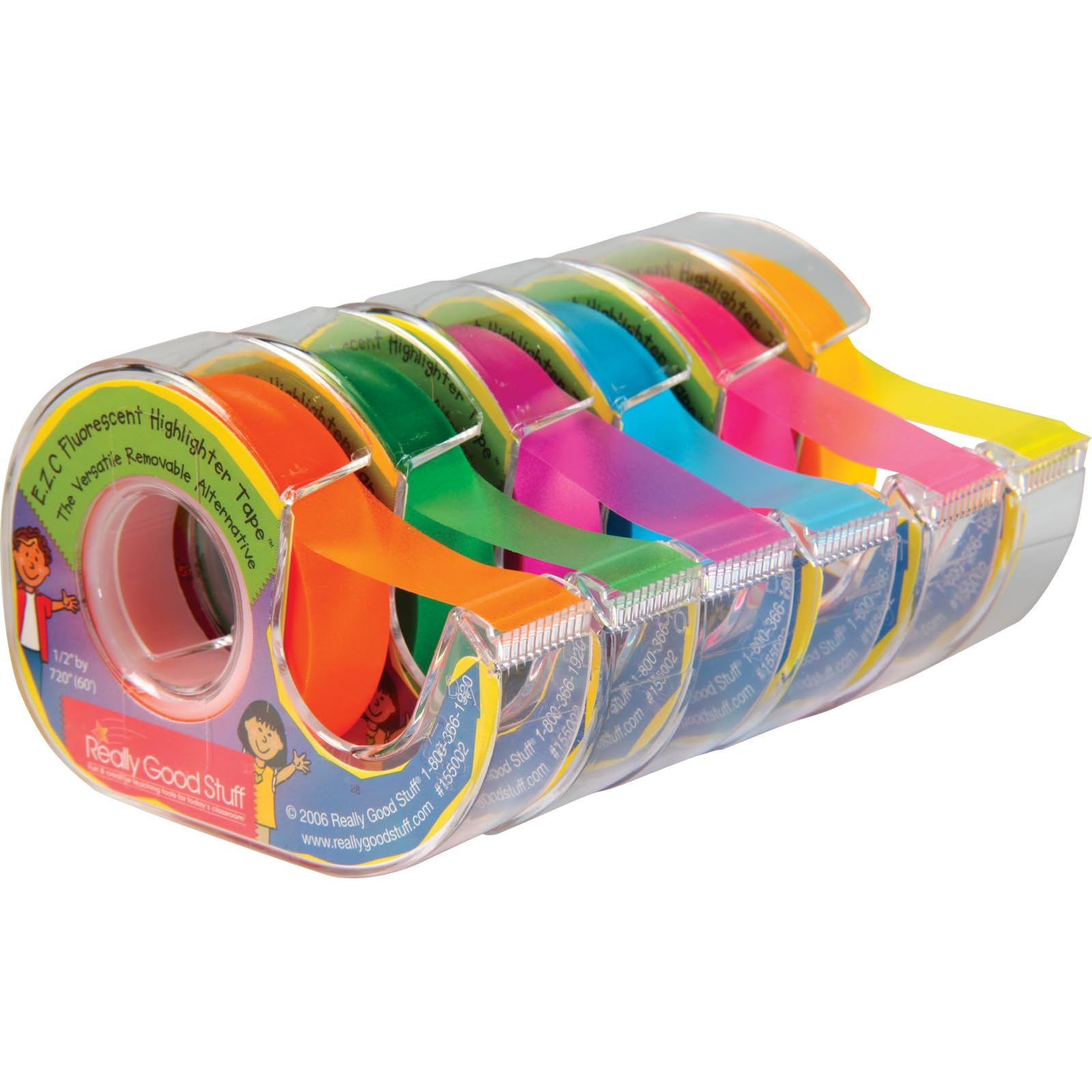 Really Good Stuff E.Z.C. Fluorescent Highlighter Tape, Set of 6 Colors - 1/2"W x 60'L Each Roll - School and Bible Study Supplies