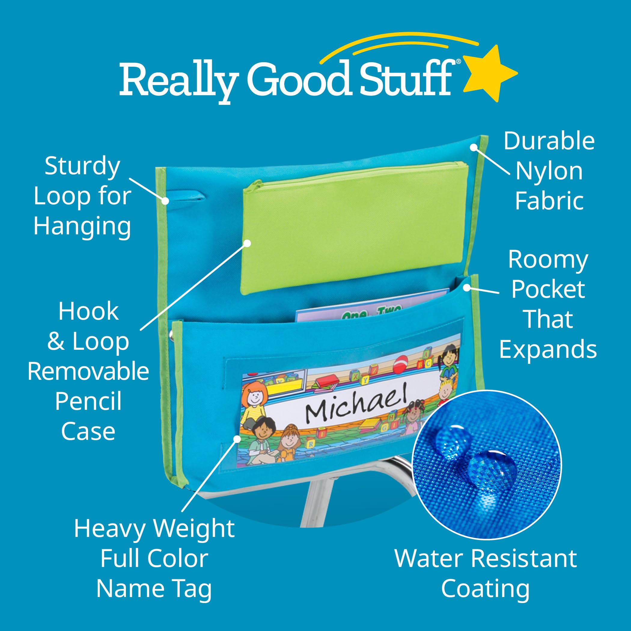 Really Good Stuff Early Childhood Deluxe Chair Pockets with Pencil Case, 6 Pack, Turquoise, Chair Organizer with Pencil Pouch and Name Tag Keeps Students Organized and Classrooms Neat - Image 3