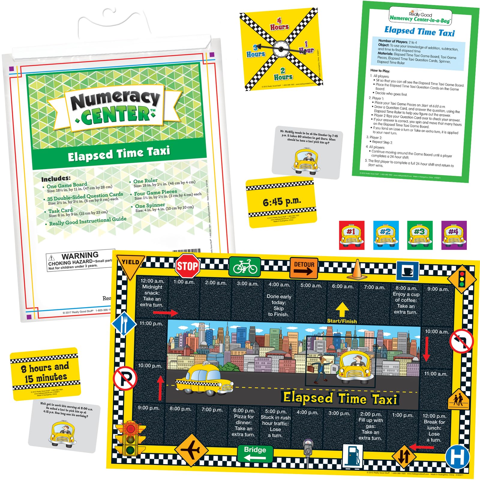 Really Good Stuff Elapsed Time Taxi Numeracy Center with Storage Bag - Grab and Go Learning Pack - Children Master Elapsed-Time Questions - Grades 3-5