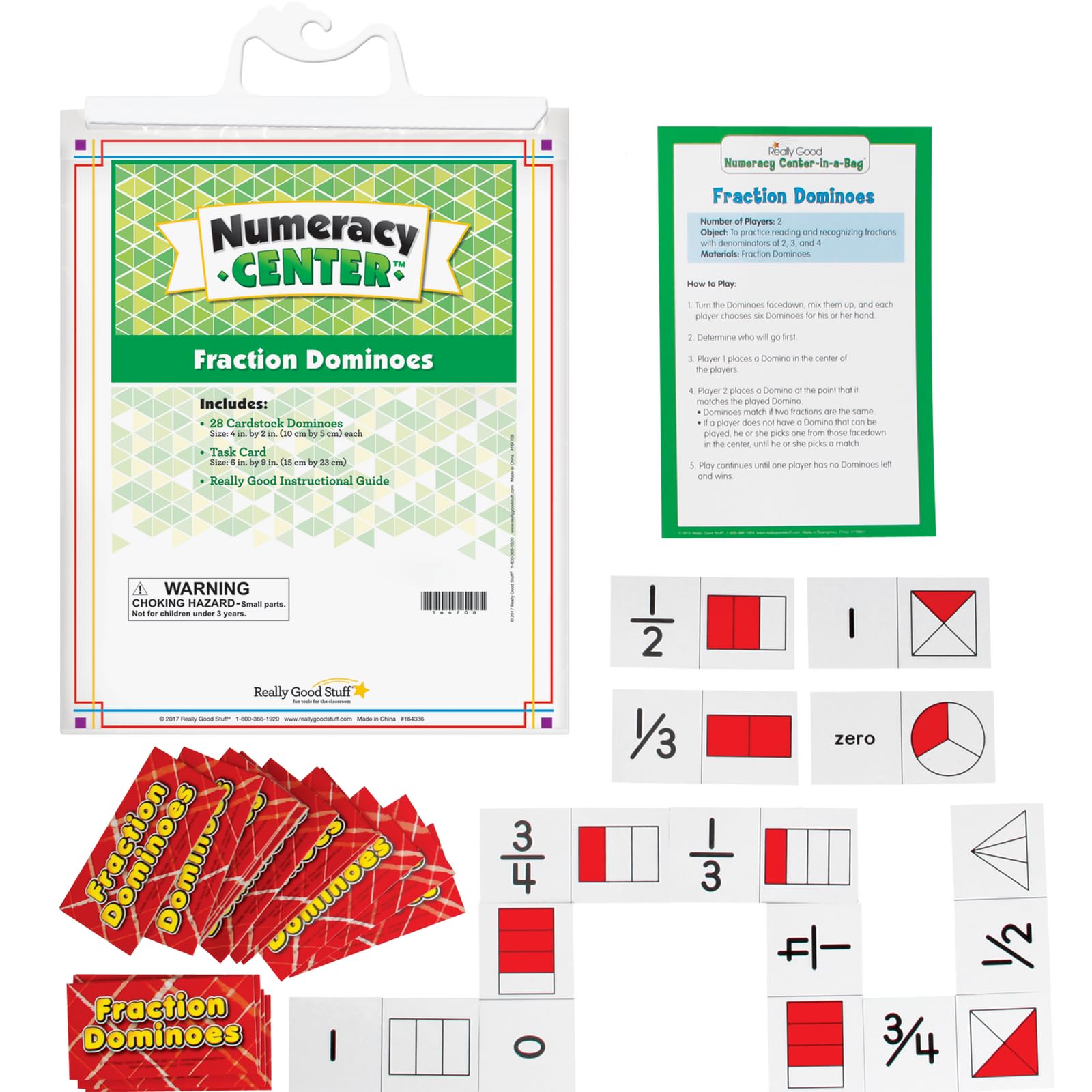 Really Good Stuff Fraction Dominoes Numeracy Center with Storage Bag - Grab and Go Learning Pack - Improve Fraction Recognition with This Fun Dominoes Game - Grades 1-2
