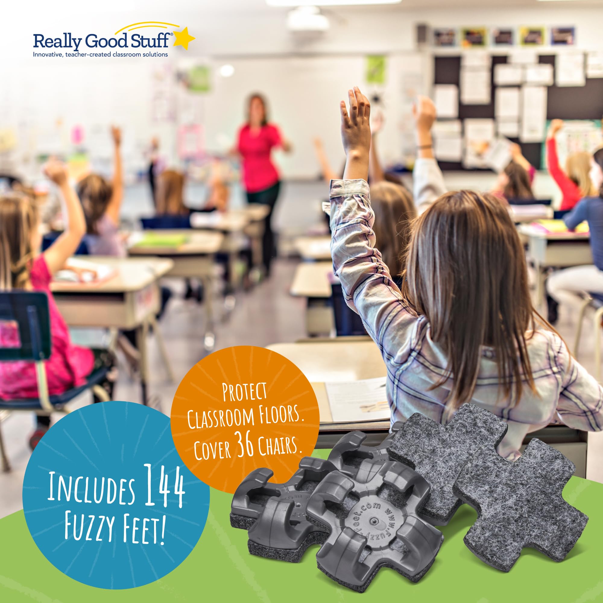 Really Good Stuff Fuzzy Feet Chair Glides, Noise Reducer for Classroom Chairs & Desks, Gliders Prevent Floor Scuffs & Scratches, Snap-On Chair Leg Cover, Quiet Felt Chair Sliders, 144 pcs - Image 4
