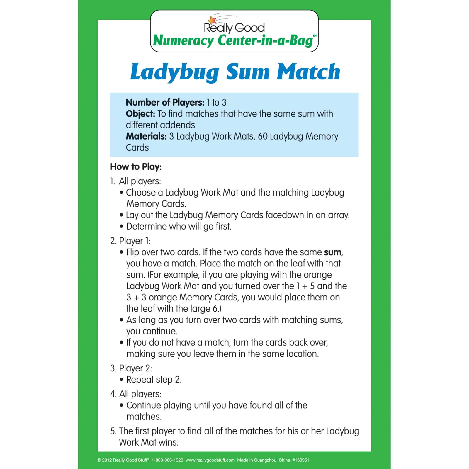 Really Good Stuff Ladybug Sum Match Numeracy Center - 1 numeracy Center - Image 5