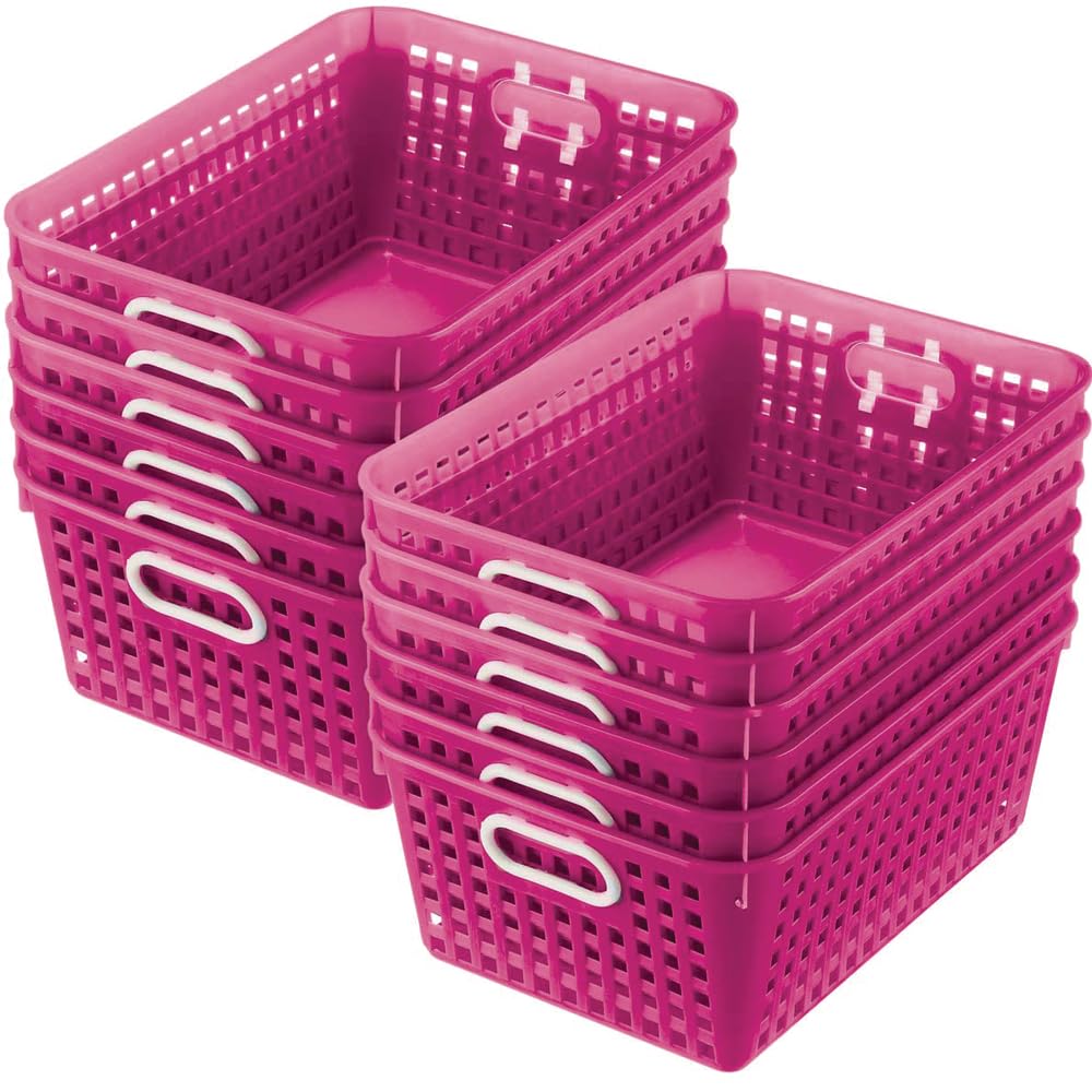 Really Good Stuff Large Plastic Book Baskets, 13¼" by 10" by 5½" - 12 Pack, Pink | Classroom Library Organizer, Toy Storage, Multi-Purpose Organizer Basket