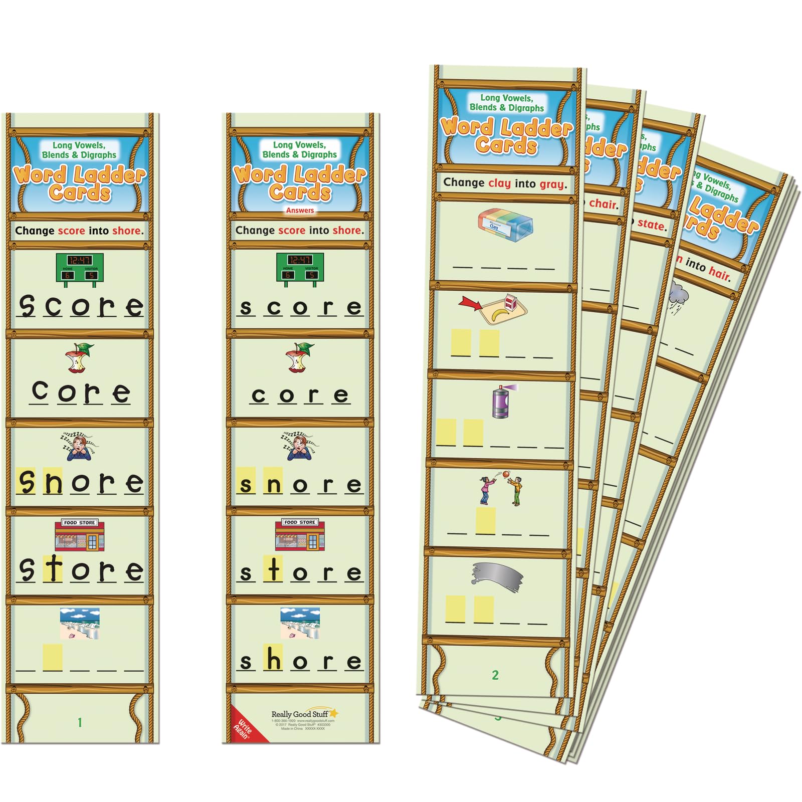 Really Good Stuff Long Vowels, Blends Digraphs Word Ladder Cards