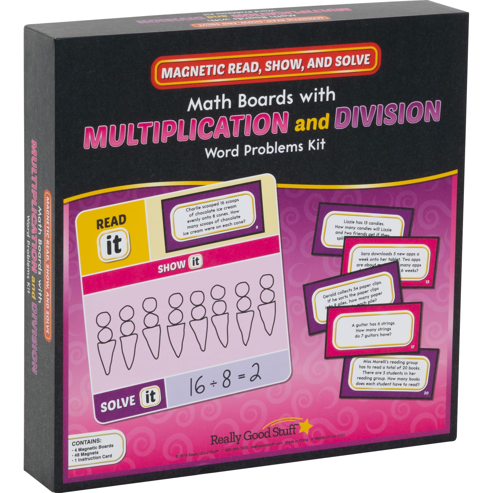 Really Good Stuff Magnetic Read, Show and Solve Math Boards with Multiplication and Division Word Problems Kit - 4 Boards and 48 Magnets