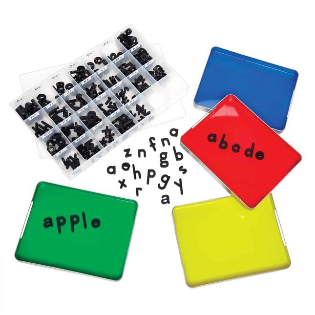Really Good Stuff MAGtivity Tins with Black Plastic Magnetic Letters Classroom Kit
