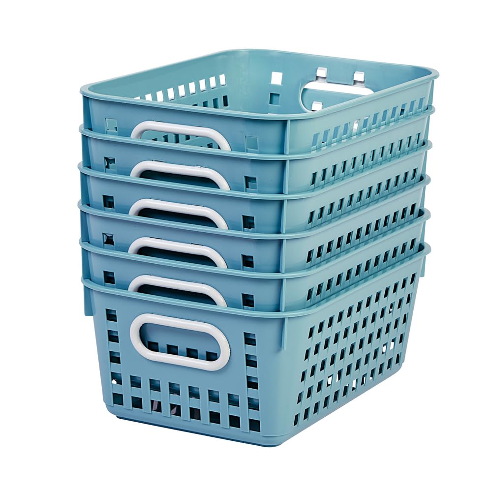 Really Good Stuff Medium Plastic Book Baskets, 11" x 7.5" x 4.5", 6 Pack, Water, Versatile Storage Solution for Classroom, Home and Office, Toy Storage, Multi-Purpose