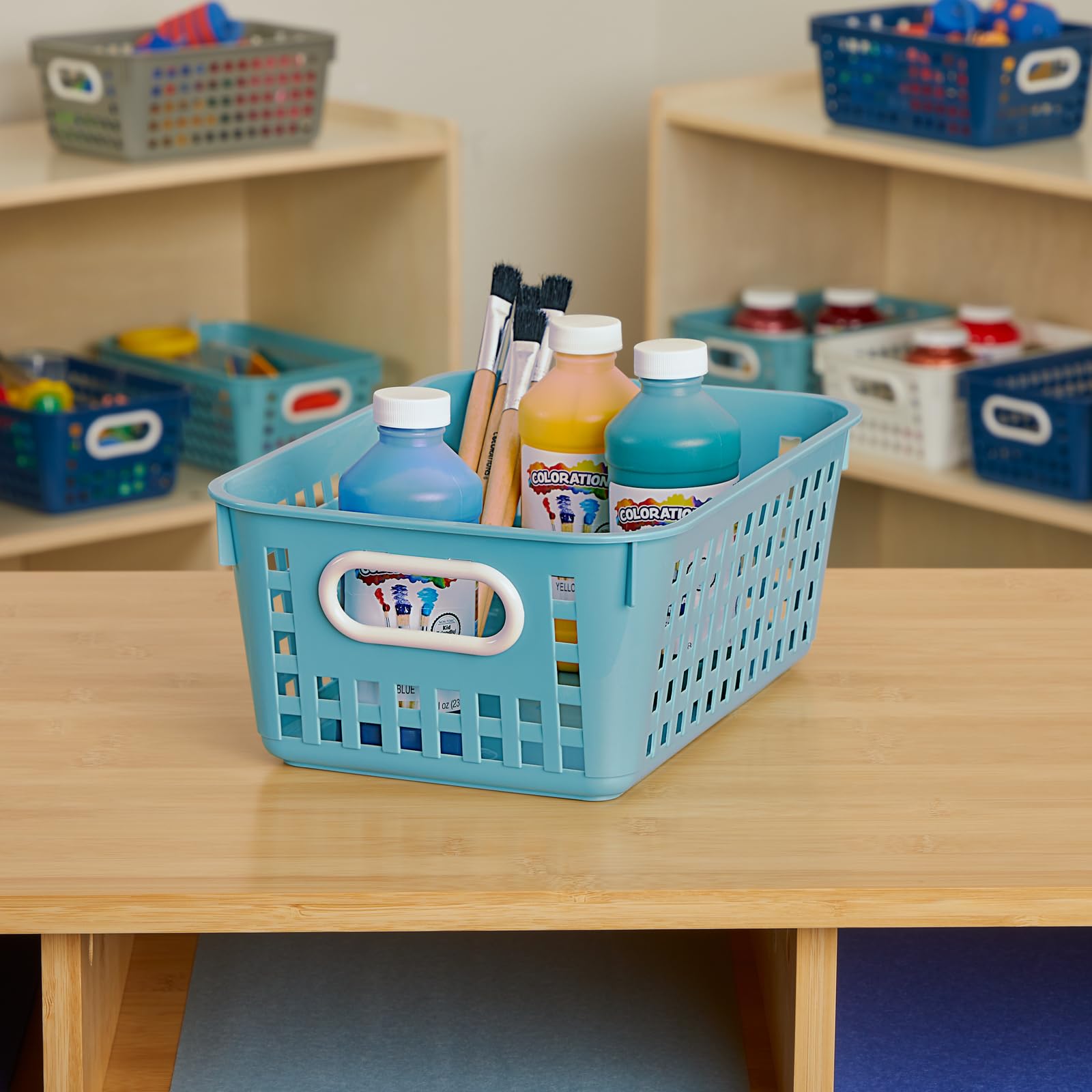 Really Good Stuff Medium Plastic Book Baskets, 11" x 7.5" x 4.5", 6 Pack, Water, Versatile Storage Solution for Classroom, Home and Office, Toy Storage, Multi-Purpose - Image 6