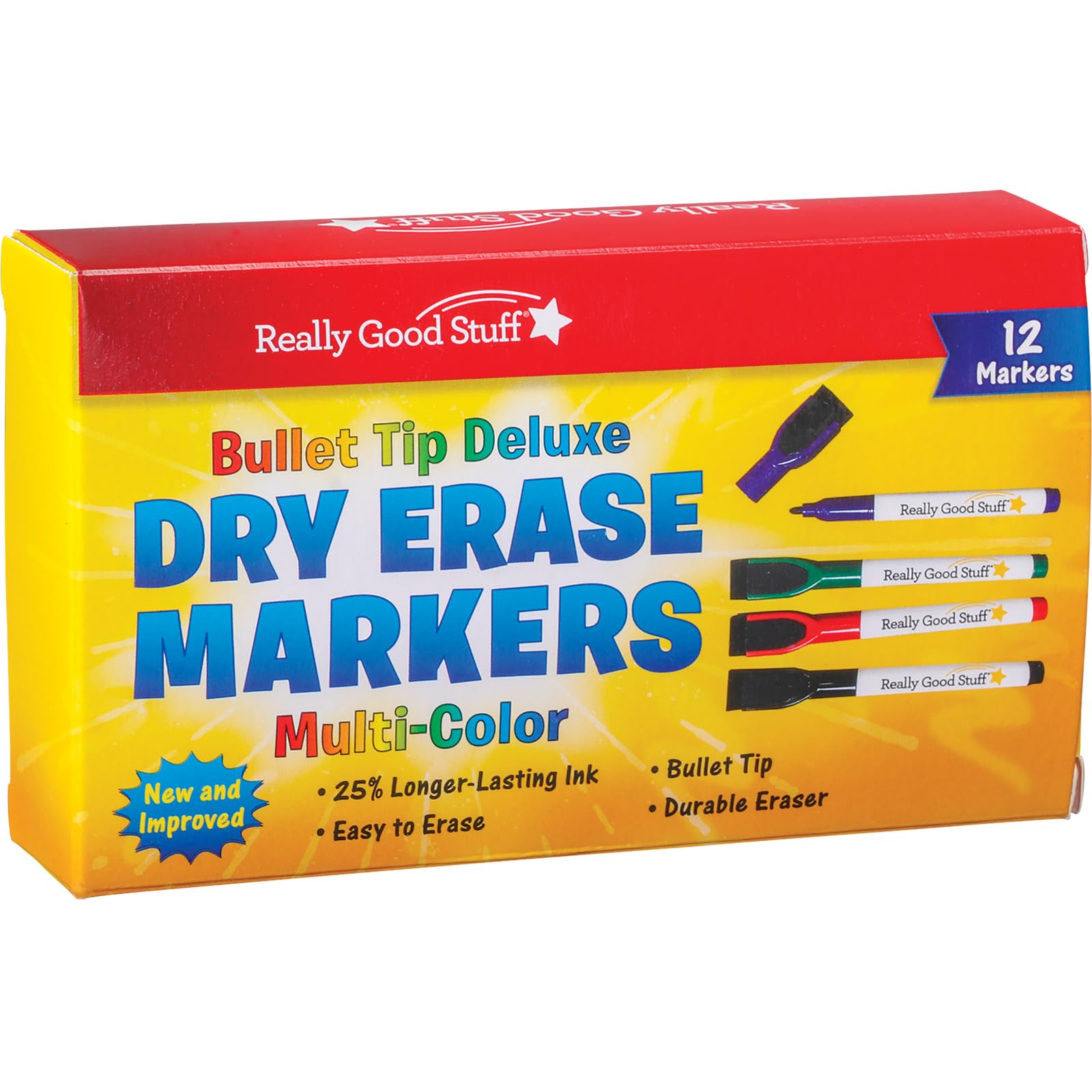 Really Good Stuff Multi-Color Bullet Tip Deluxe Dry Erase Markers - 12 markers