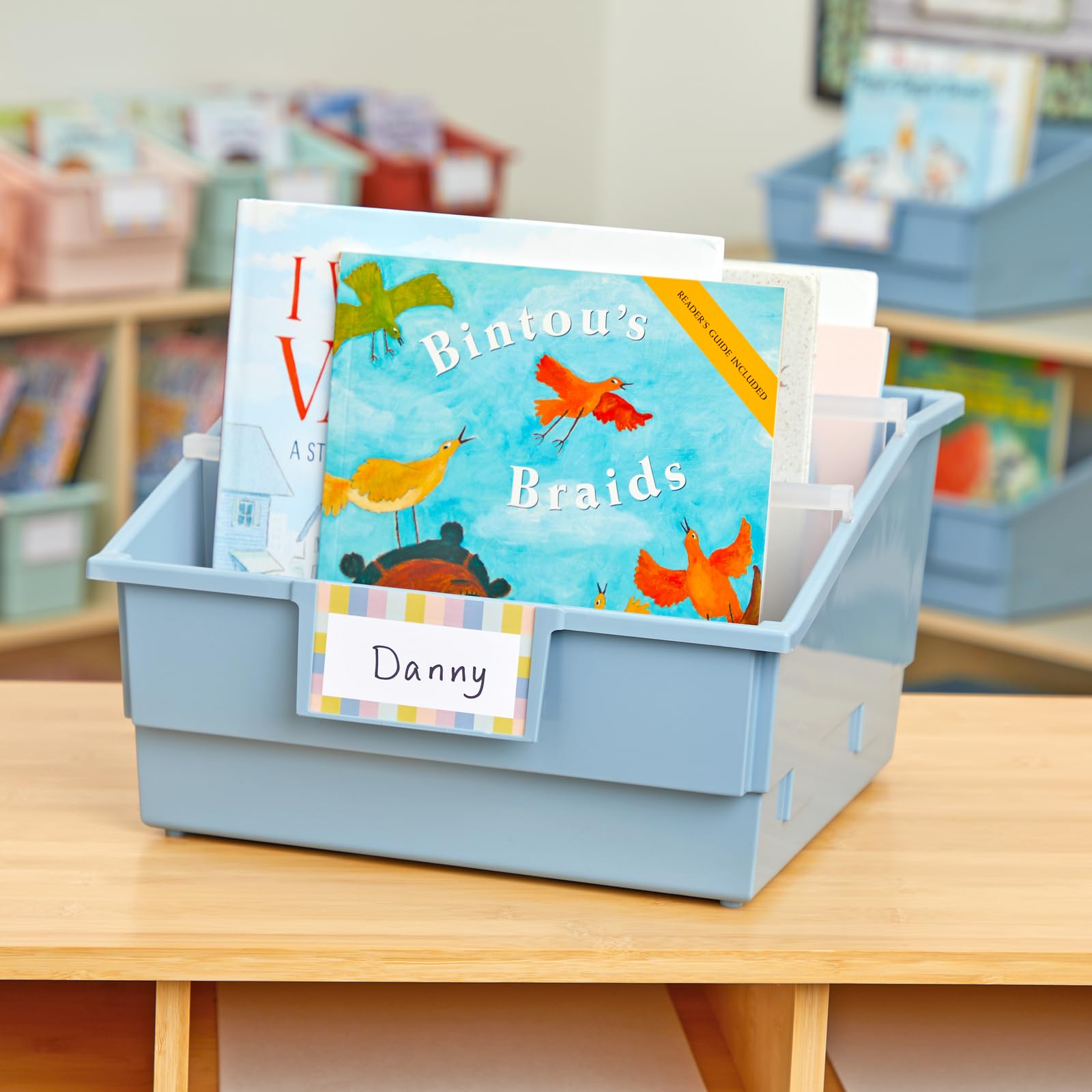 Really Good Stuff Picture Book Classroom Library Bins with Dividers - 6 Pack - Smoke Blue - Image 5