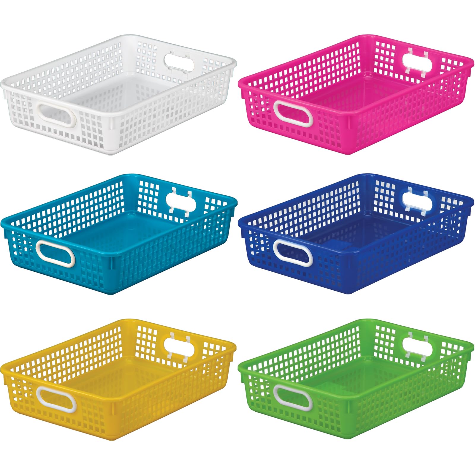 Really Good Stuff Plastic Desktop Paper Storage Baskets for Classroom or Home Use – 14”x10” Plastic Mesh Baskets Keep Papers Crease-Free and Secure – Blue Neon Basket With White Handles (1 Basket) - Image 3