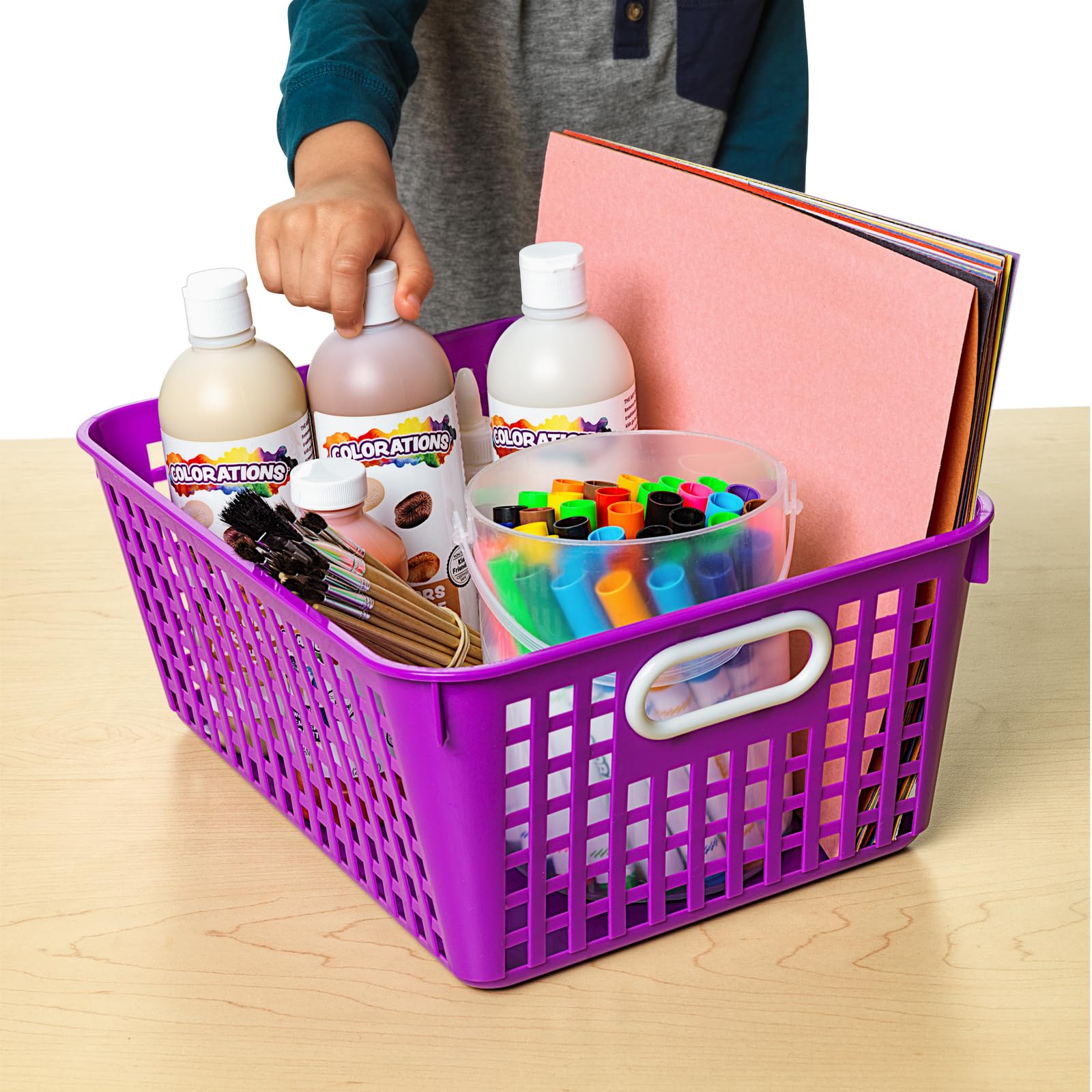 Really Good Stuff Plastic Storage Baskets with Handles, Bins for Books & Supplies, Organize Classroom & Home, 13” x 10”, Rainbow Colors 6 pk - Image 4