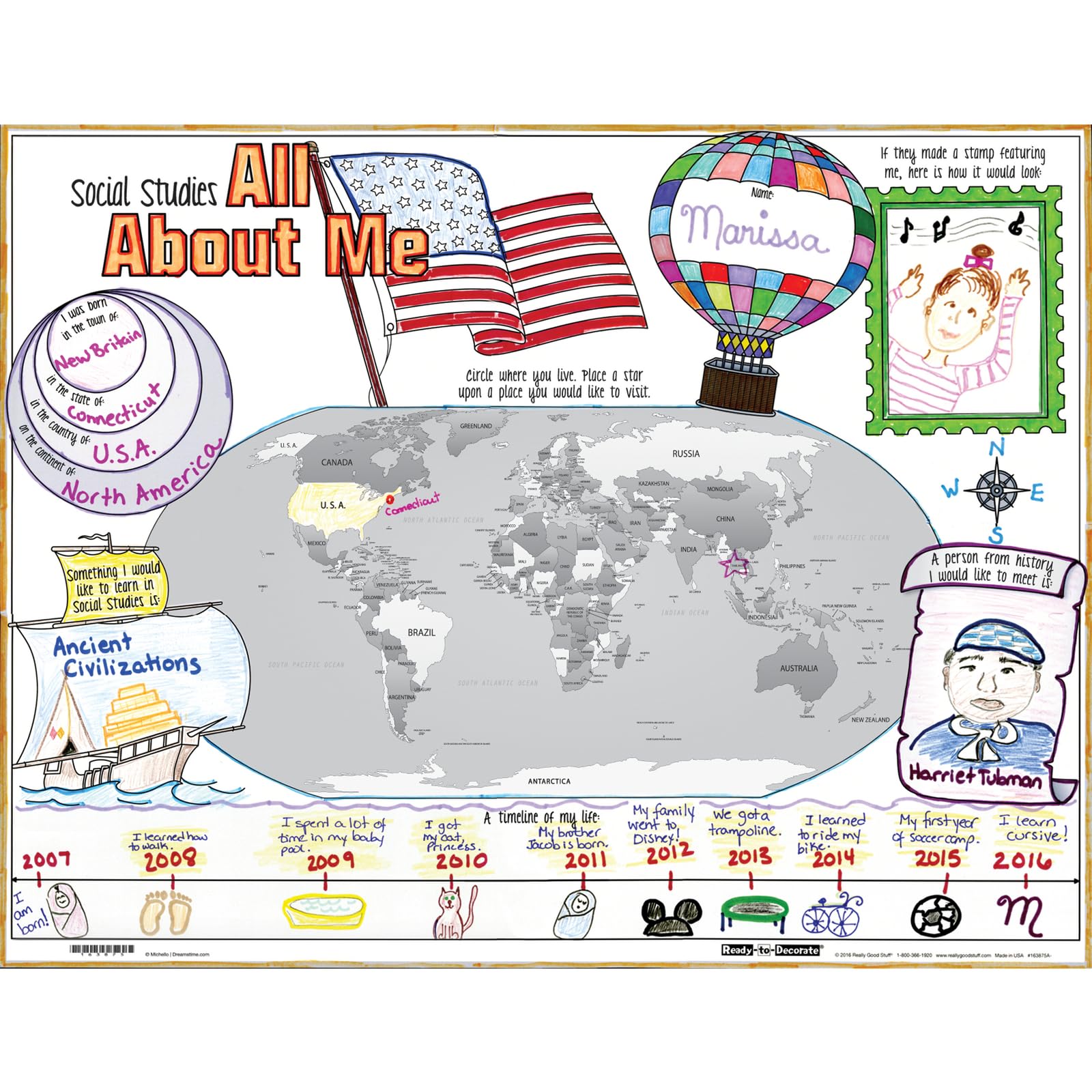 Really Good Stuff Ready-to-Decorate Social Studies All About Me Posters, 22" by 17" (Set of 24) - Classroom Decor, Preschool and Elementary Classroom Must Haves, Sit Dots, Teacher Supplies