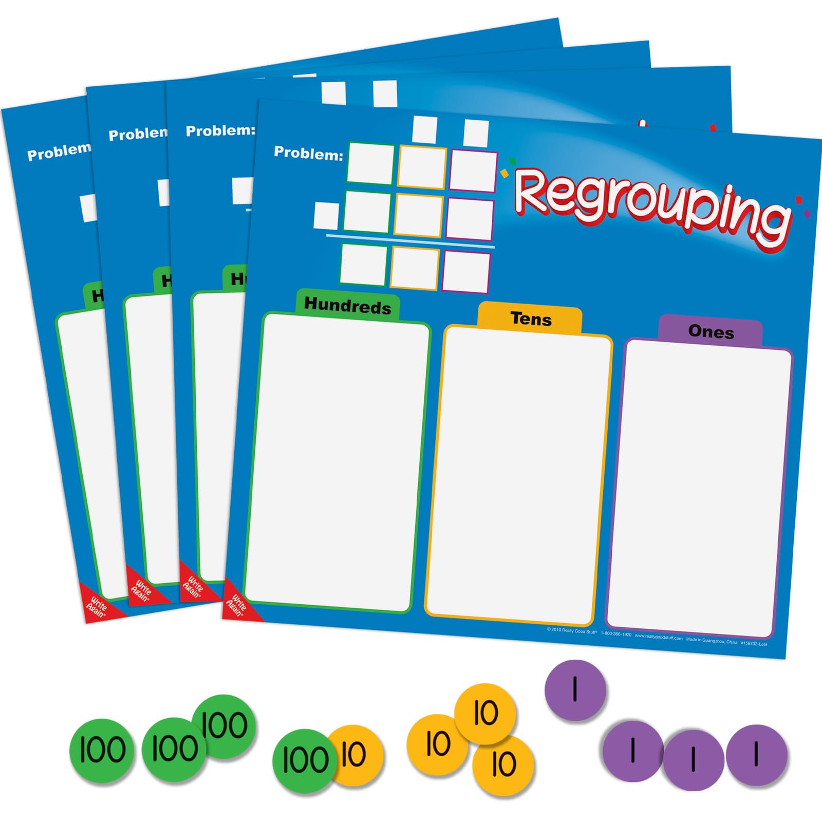 Really Good Stuff Regrouping Mats and Manipulatives Kit (Set of 4) – Interactive Mats and Manipulatives Help Students Solve Problems at School or Home – Write On/Wipe Off Mat for Repeated Use