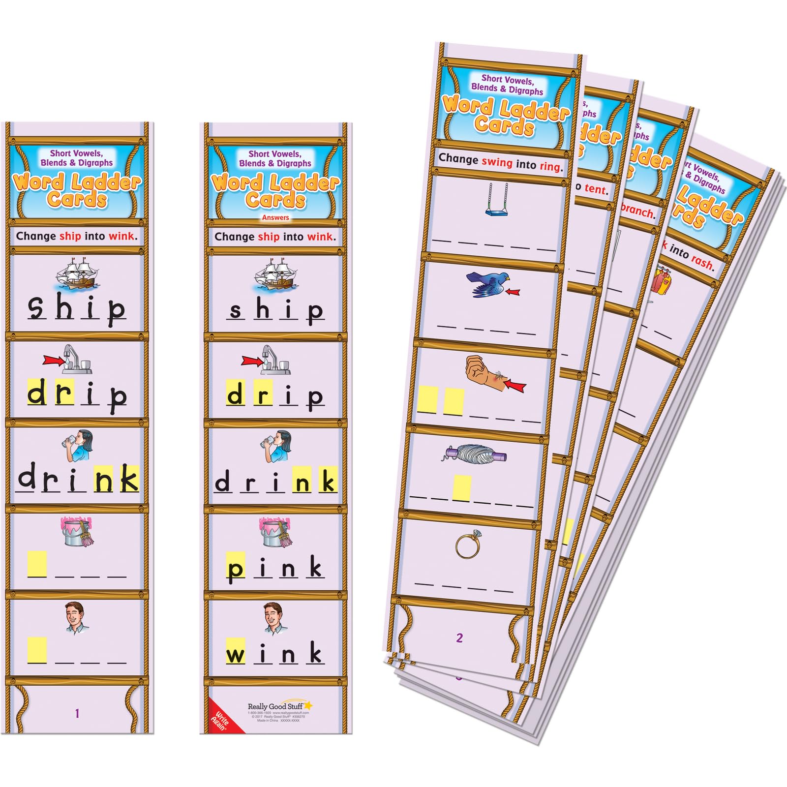 Really Good Stuff Short Vowels, Blends and Digraphs Word Ladder Cards - 28 Cards