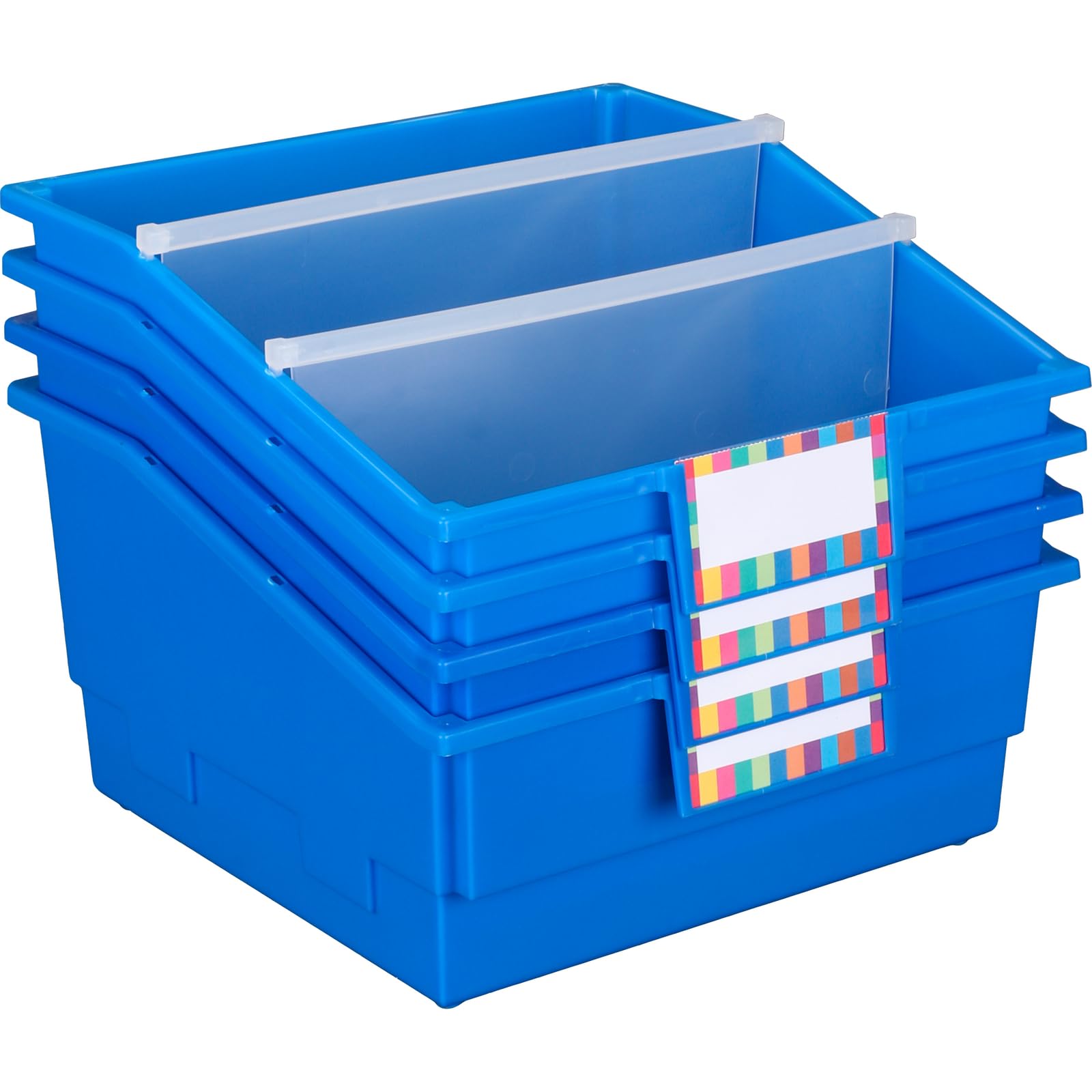 Really Good Stuff Single-Color Picture Book Classroom Library Bins with Dividers, 13.5" x 13.5" x 7.75", 4 Pack, Blue