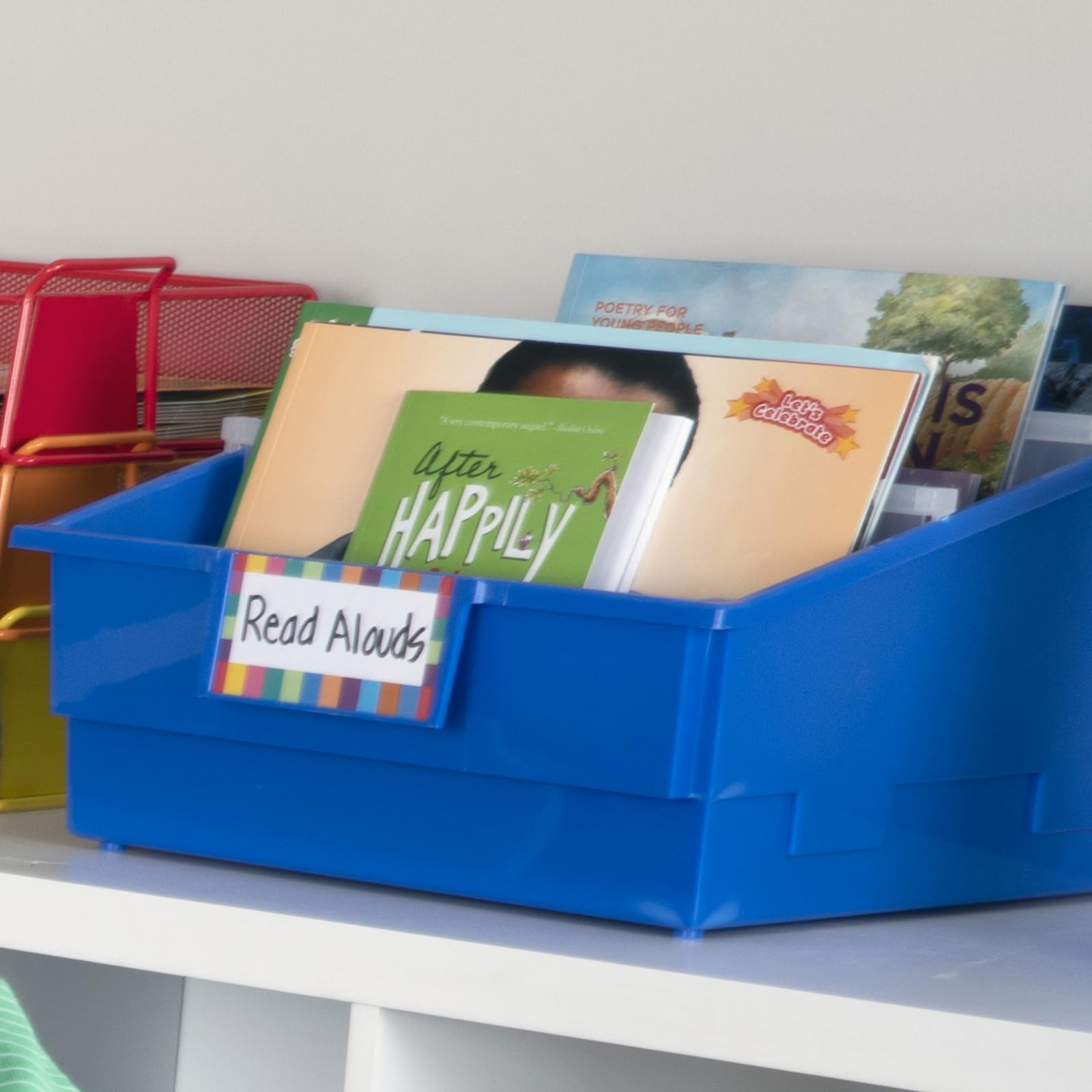 Really Good Stuff Single-Color Picture Book Classroom Library Bins with Dividers, 13.5" x 13.5" x 7.75", 4 Pack, Blue - Image 3