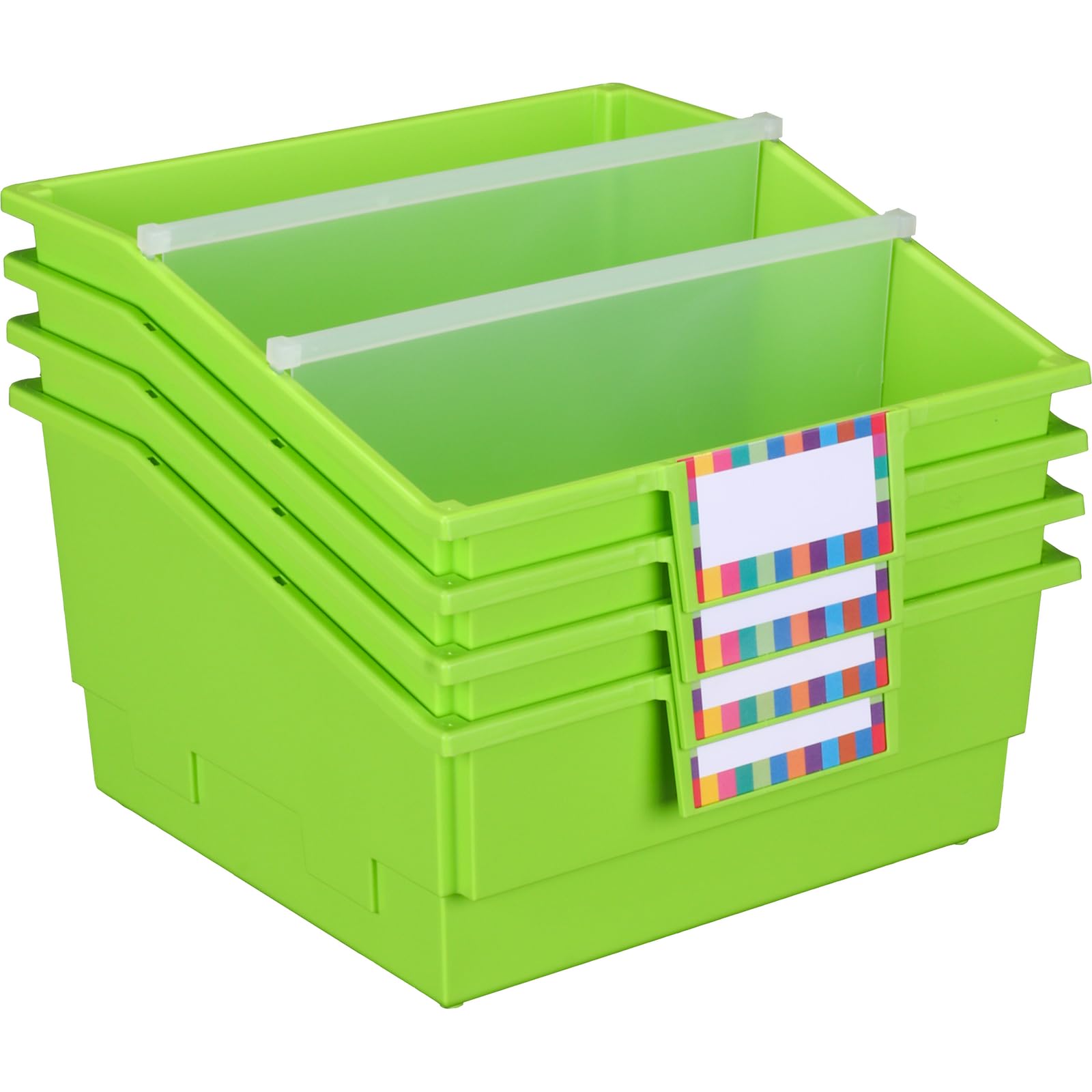 Really Good Stuff Single-Color Picture Book Classroom Library Bins with Dividers, 13.5" x 13.5" x 7.75", 4 Pack, Neon Green