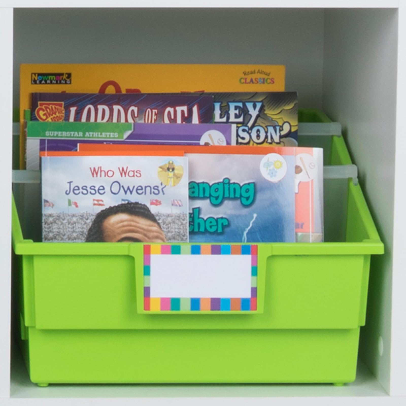Really Good Stuff Single-Color Picture Book Classroom Library Bins with Dividers, 13.5" x 13.5" x 7.75", 4 Pack, Neon Green - Image 3