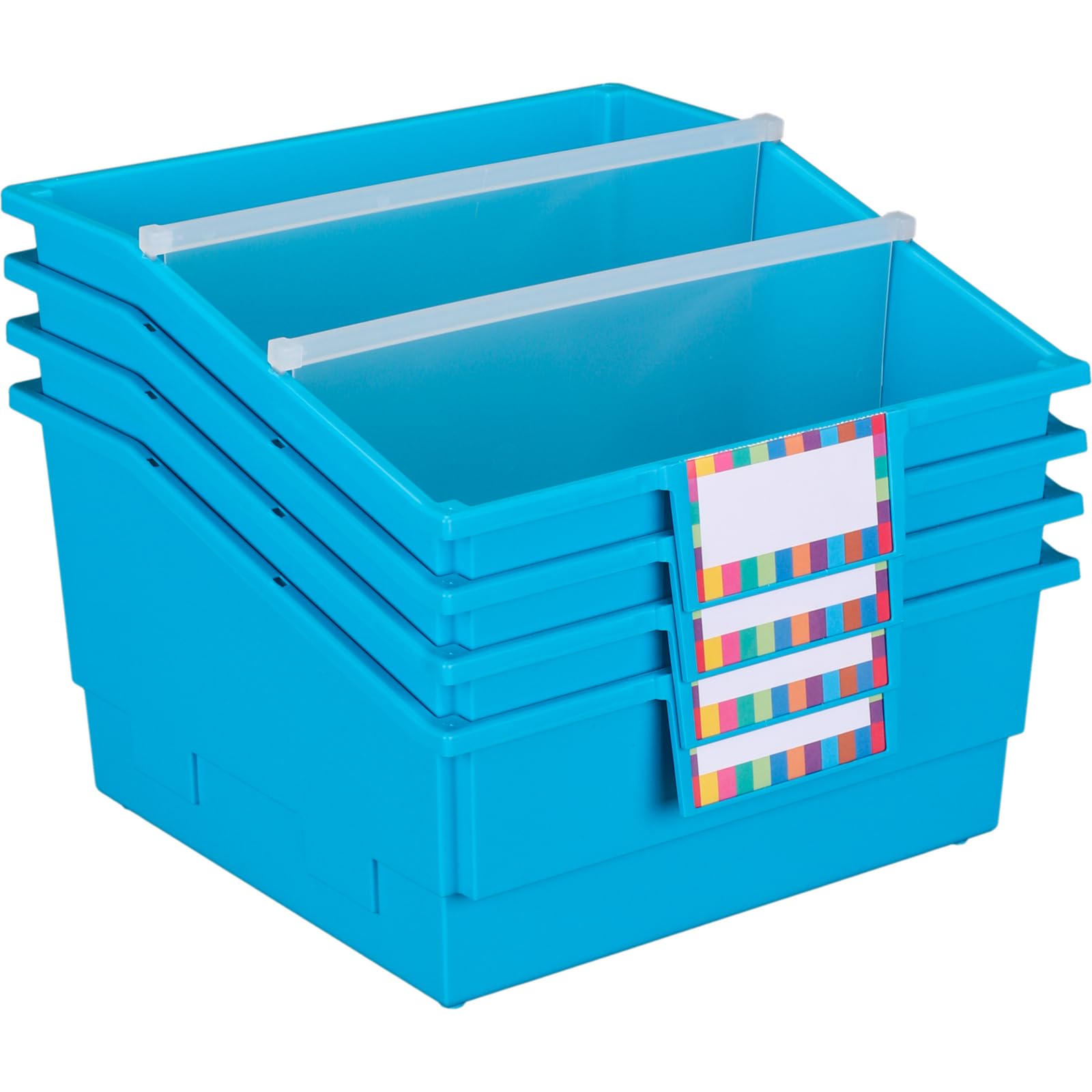 Really Good Stuff Single-Color Picture Book Classroom Library Bins with Dividers, 13.5" x 13.5" x 7.75", 4 Pack, Neon Blue